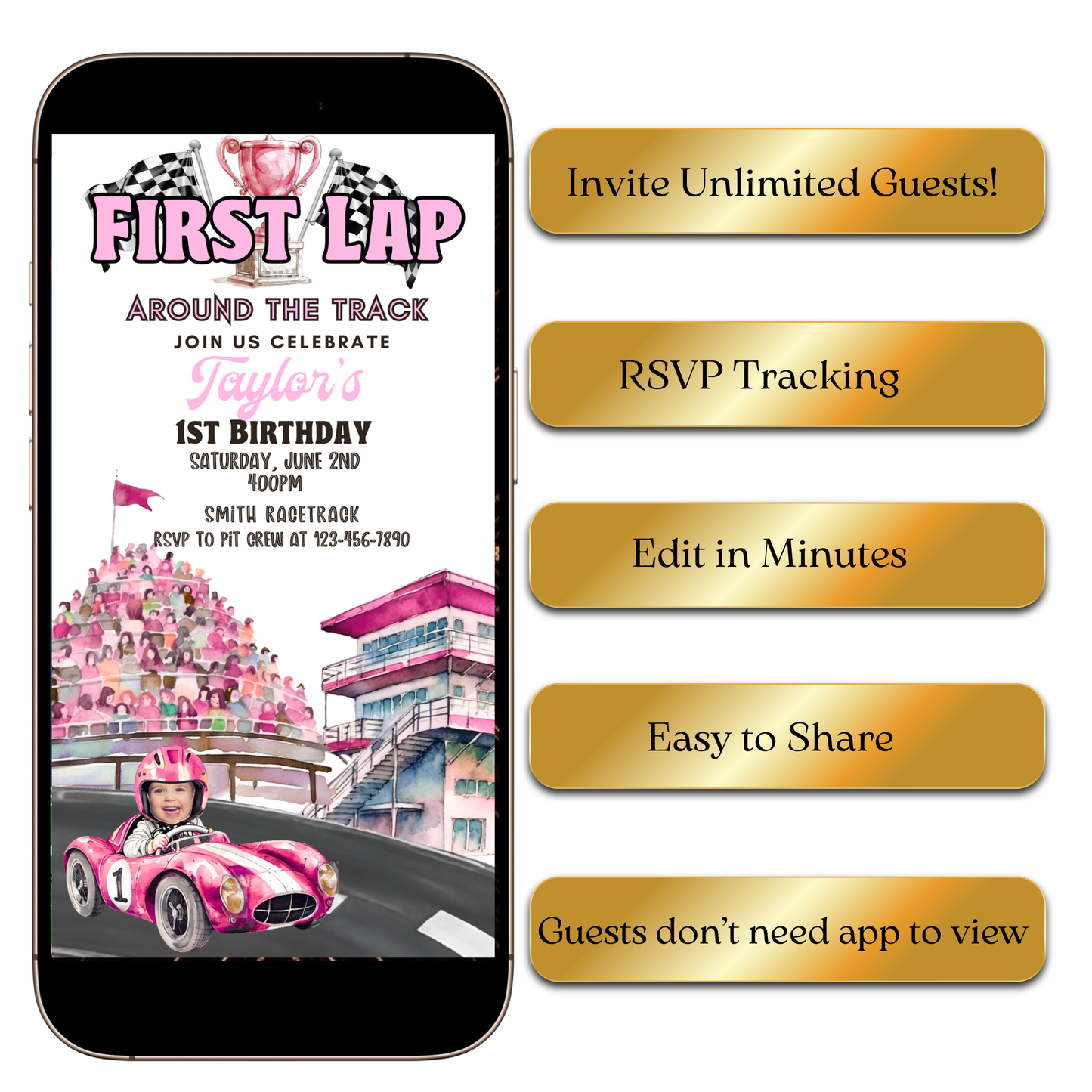 Event details screen with bold numerals and speedometer graphic