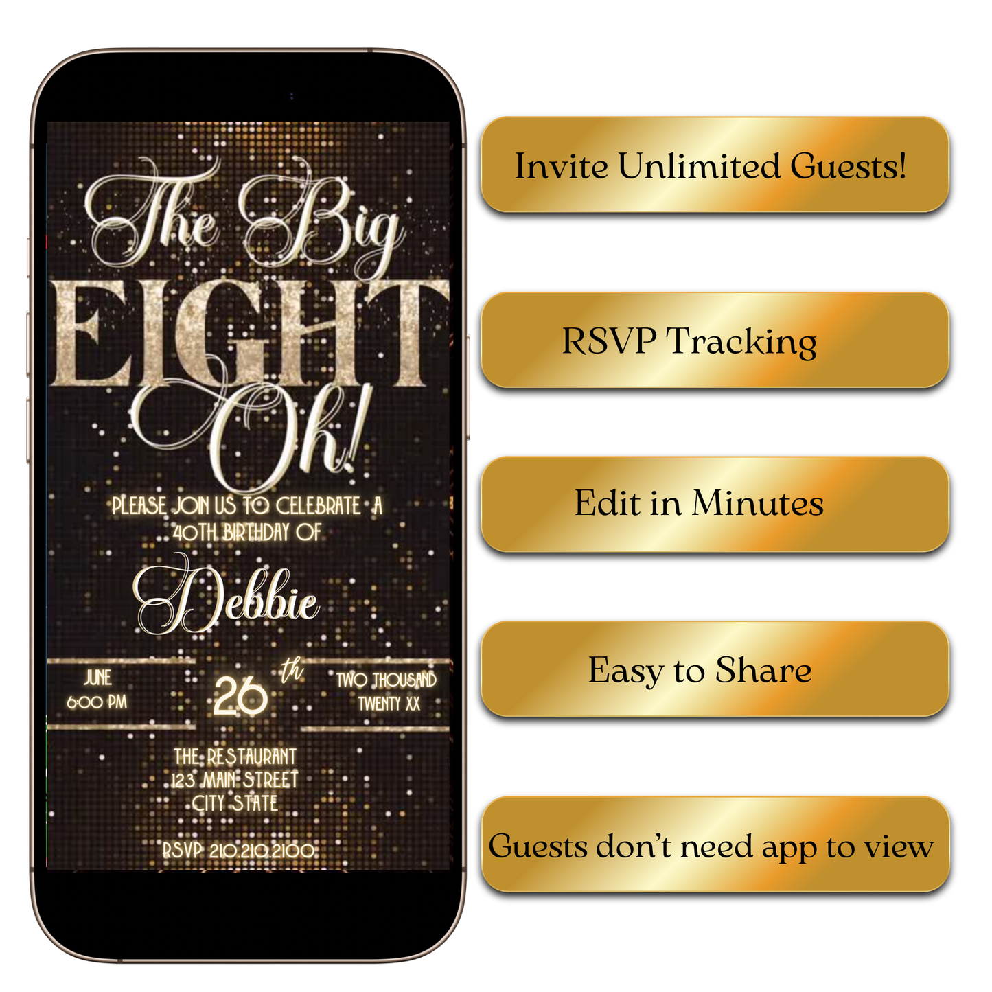 Digital The Big Eight-Oh 80th Birthday Video Invitation — Glam Gold & Black Design MP4 Invite