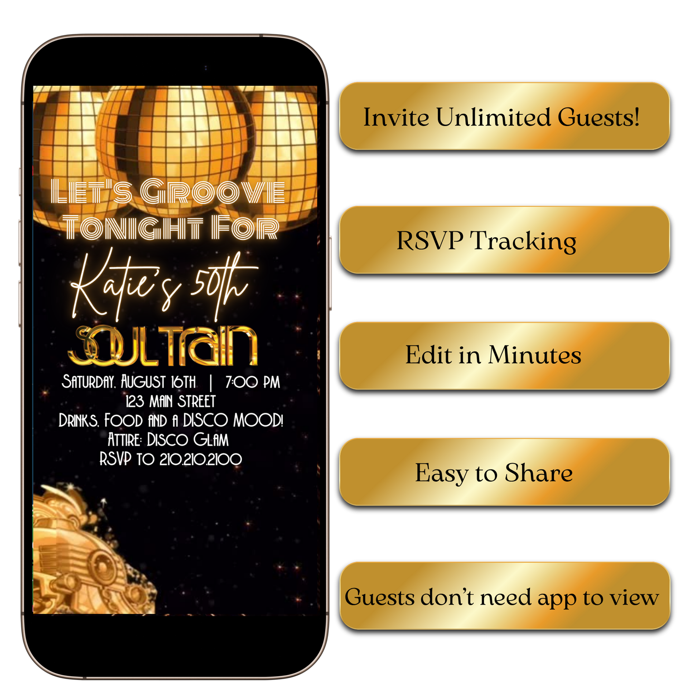 Event details in retro 70s type framed by glittering corners