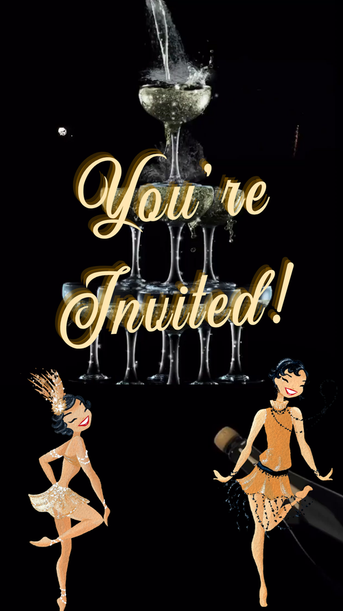 Vertical phone mockup showing Roaring ’20s art-deco animated video invite
