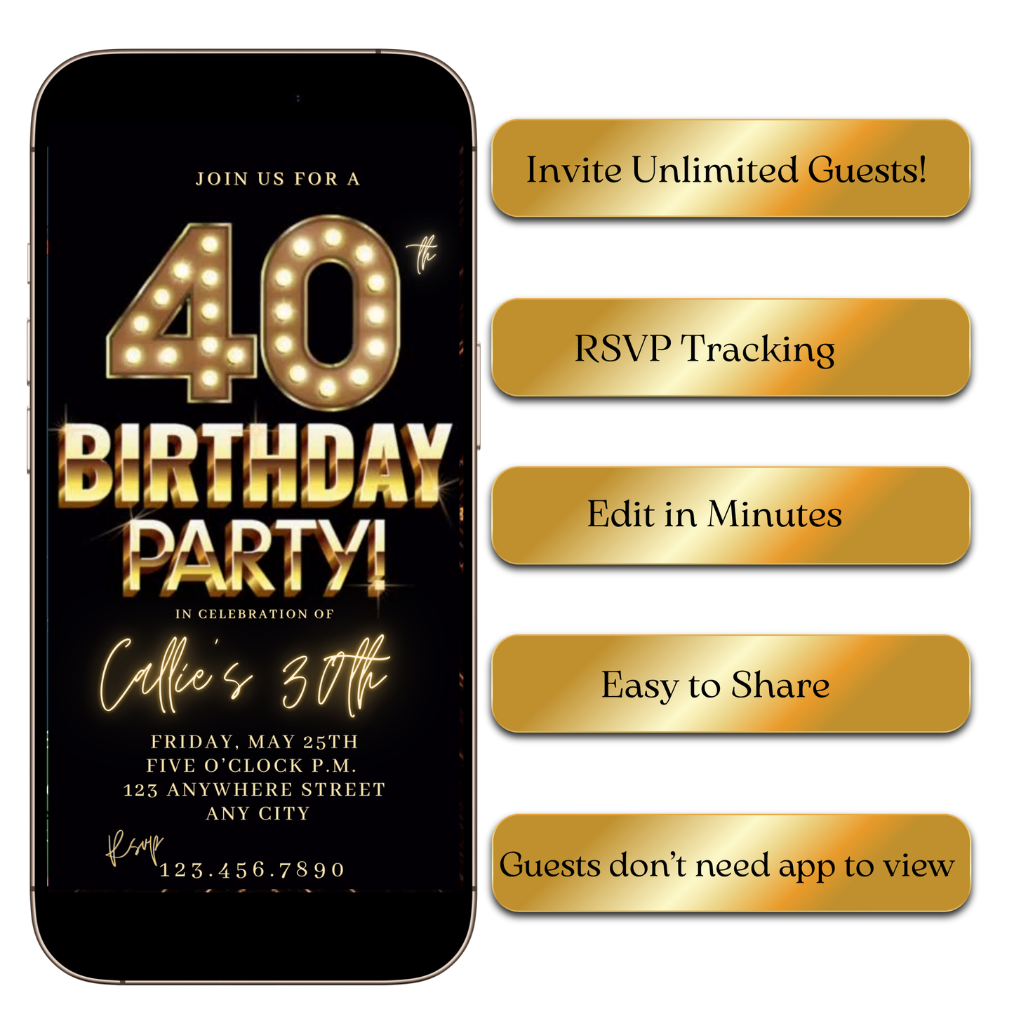 Digital Golden Lights Party Video Invitation MP4 Invite