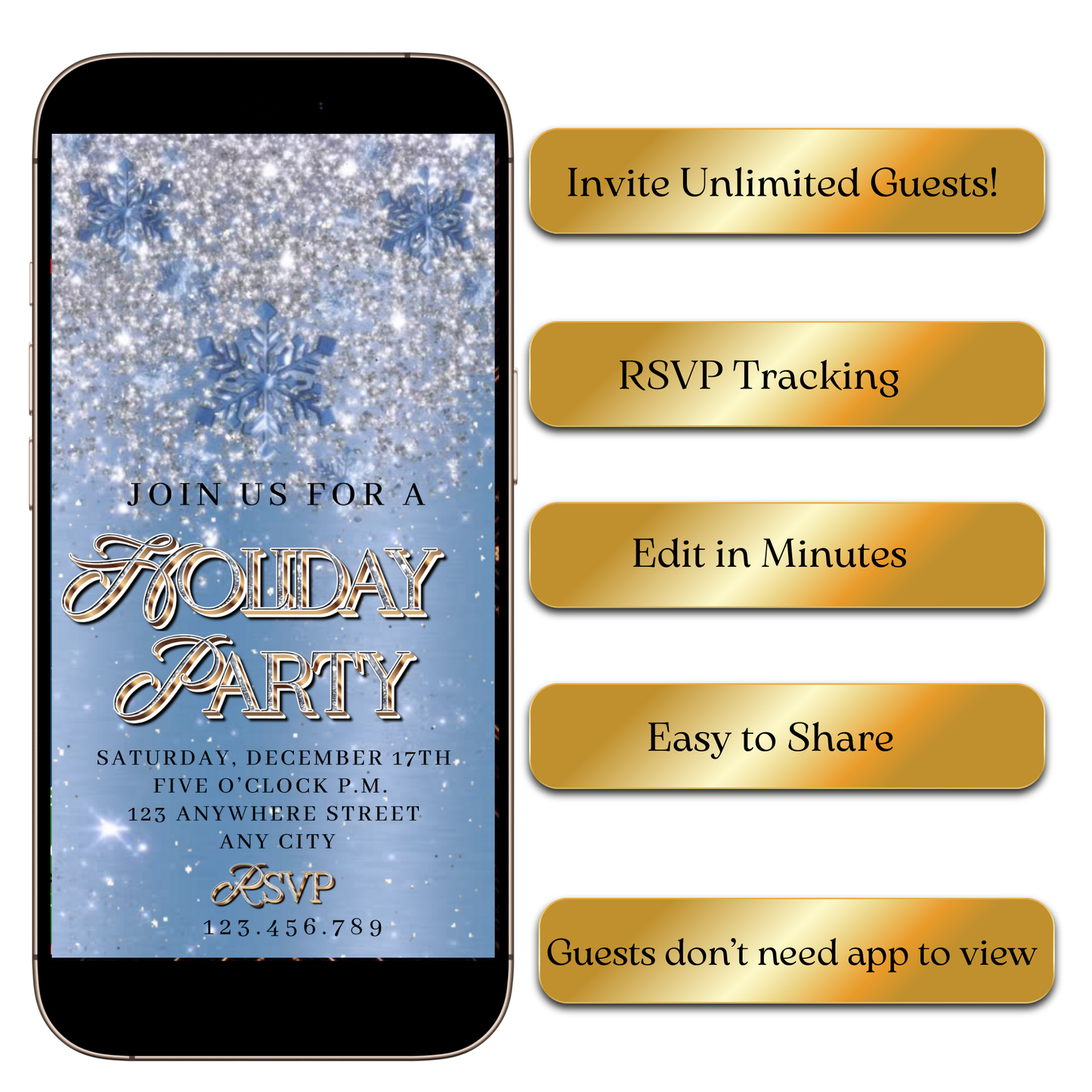 Blue Winter Wonderland MP4 party invitation preview shown on laptop