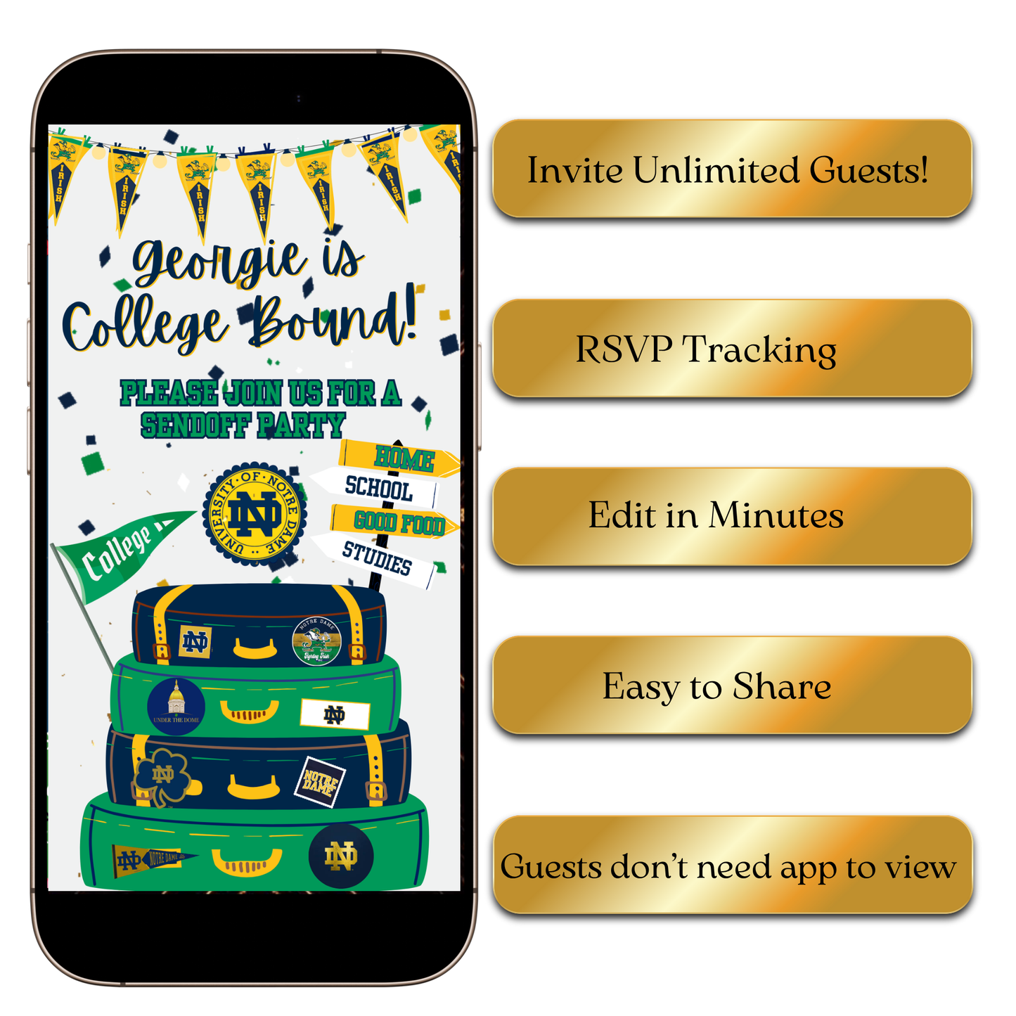 Notre Dame College Send Off Video Invitation – Irish Pride Trunk Party Evite for Mobile Sharing