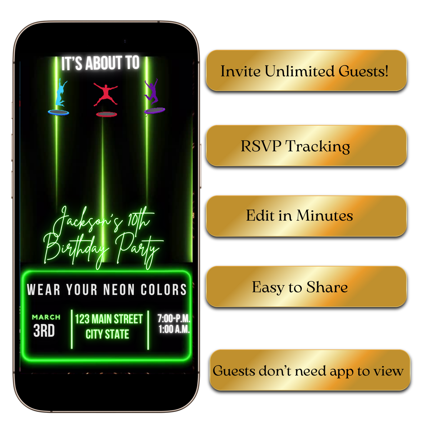 Neon Jump glow party video invitation preview shown on laptop