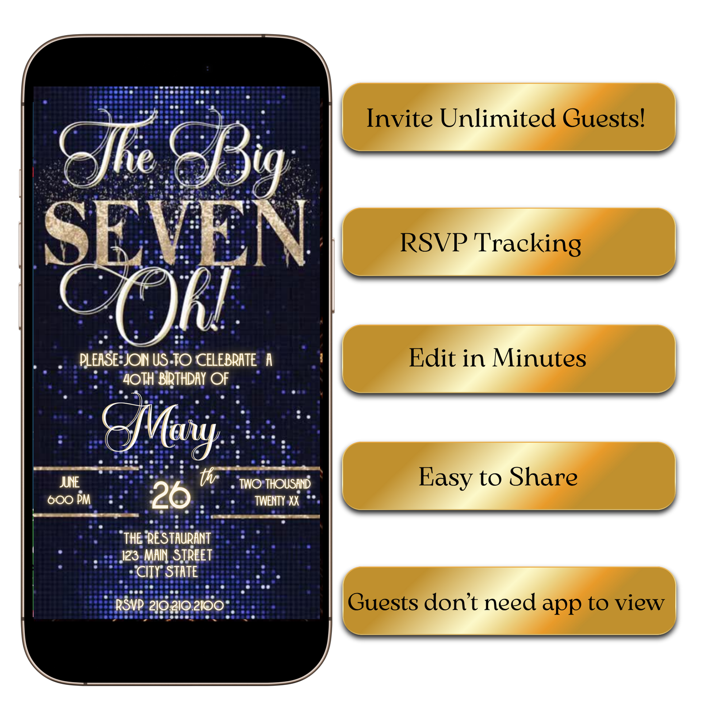 Digital Luxe The Big Seven-Oh 70th Birthday Video Invitation — Navy & Gold Sparkle MP4 Invite