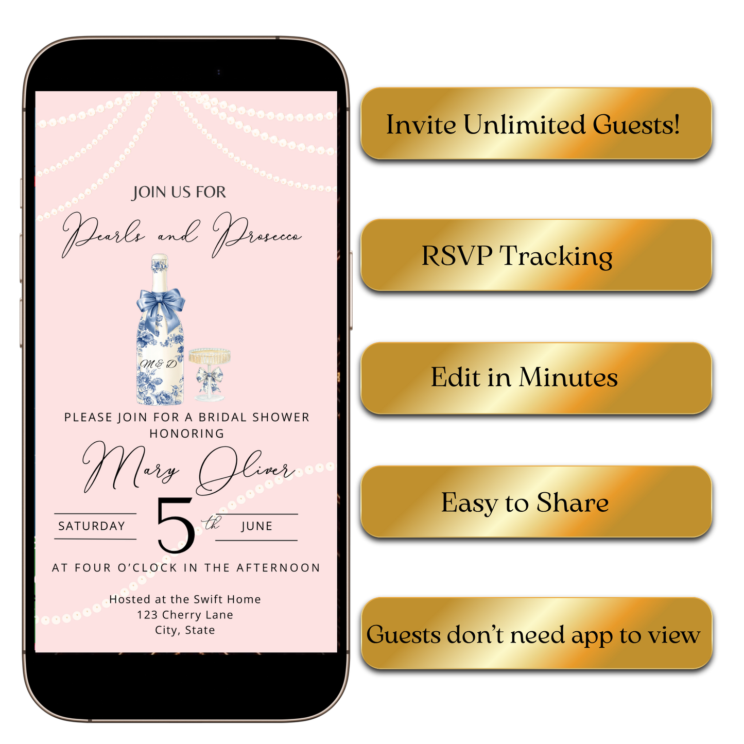 Name and event details on pearlescent panel with gold accents