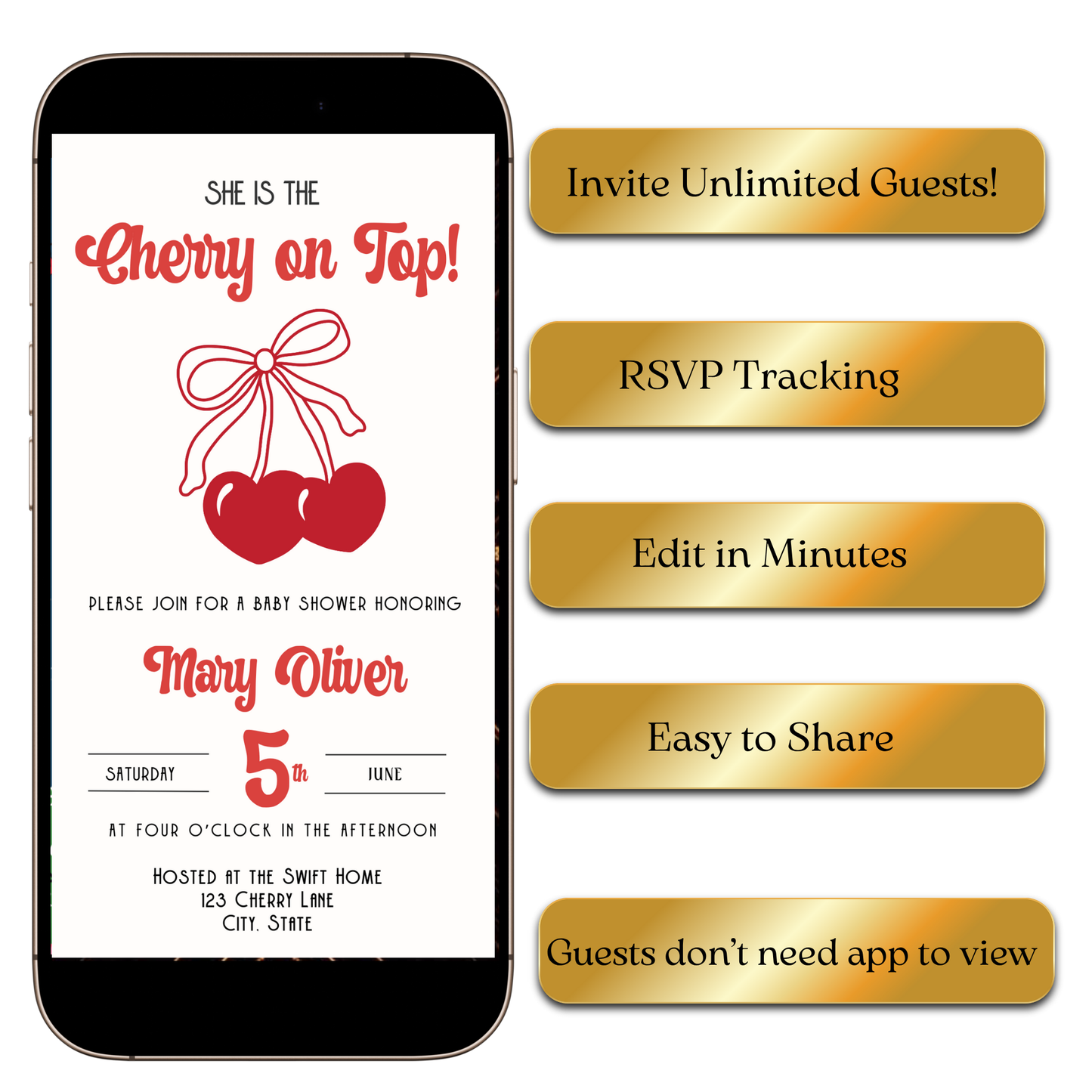 Flat lay with cherries, baby blocks, and phone showing invite