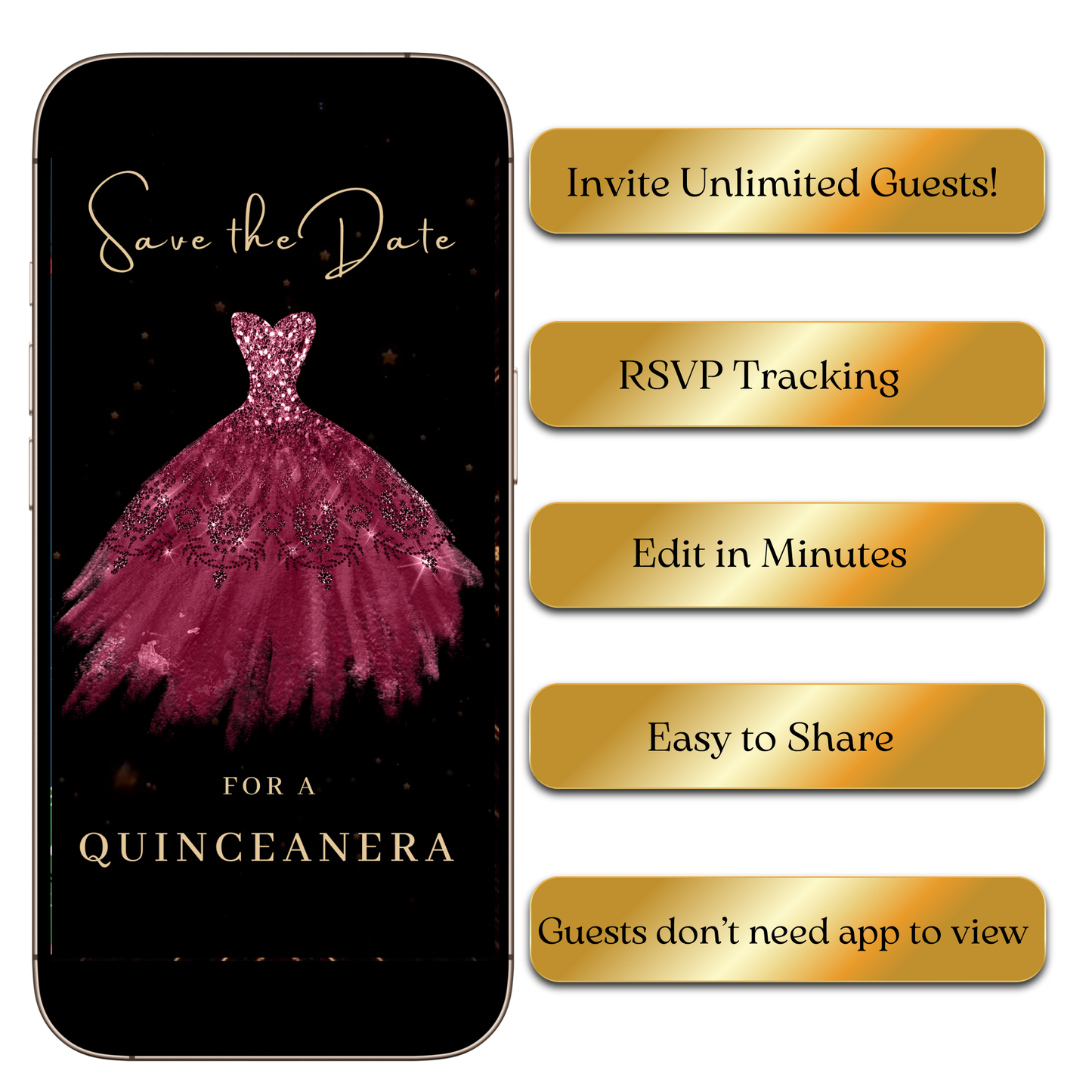 Digital Burgundy Quinceañera Save the Date Video Invitation – Elegant Ball Gown Theme MP4 Invite