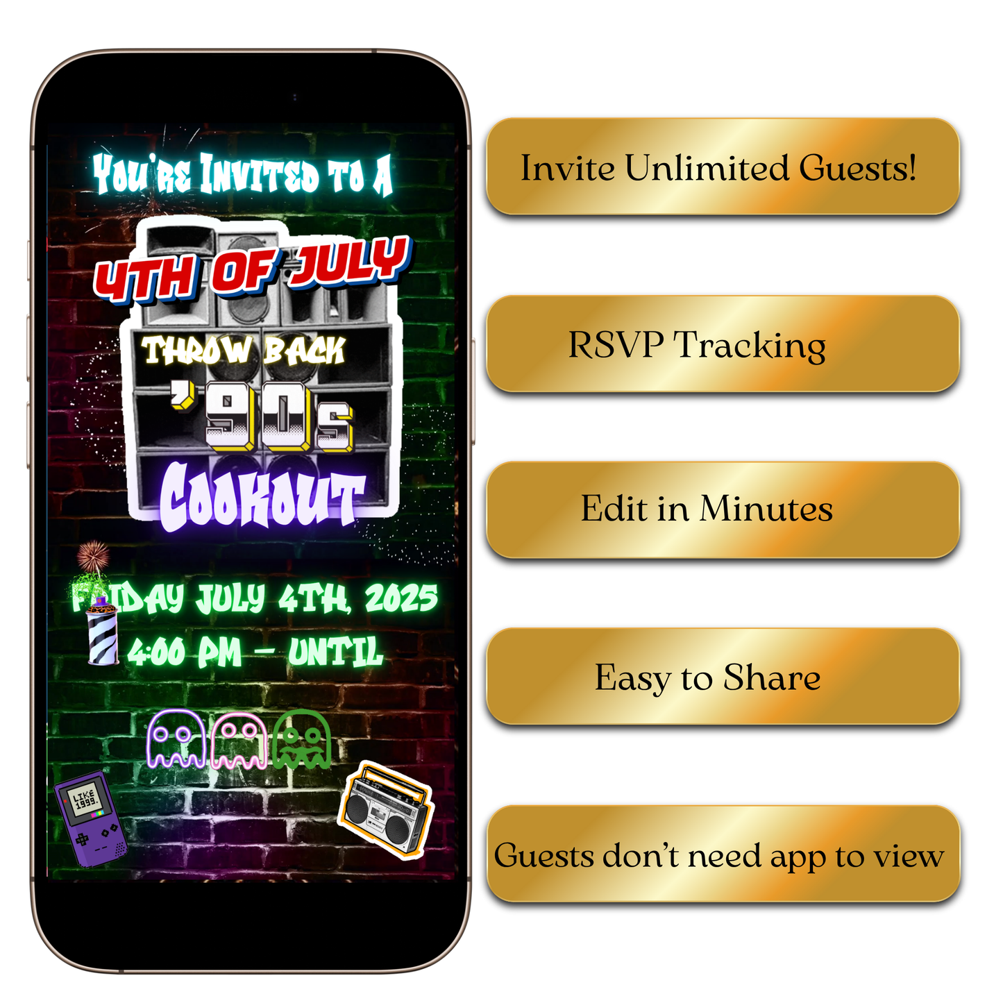 Digital 4th of July 90s Throwback Cookout Video Invitation – Retro BBQ Party Evite MP4 Invite