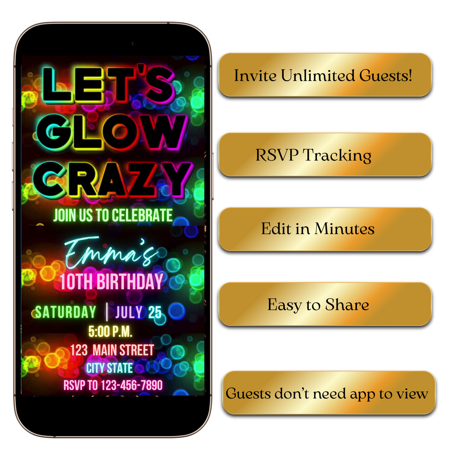 Instagram feed preview of neon Let’s Glow Crazy video invitation