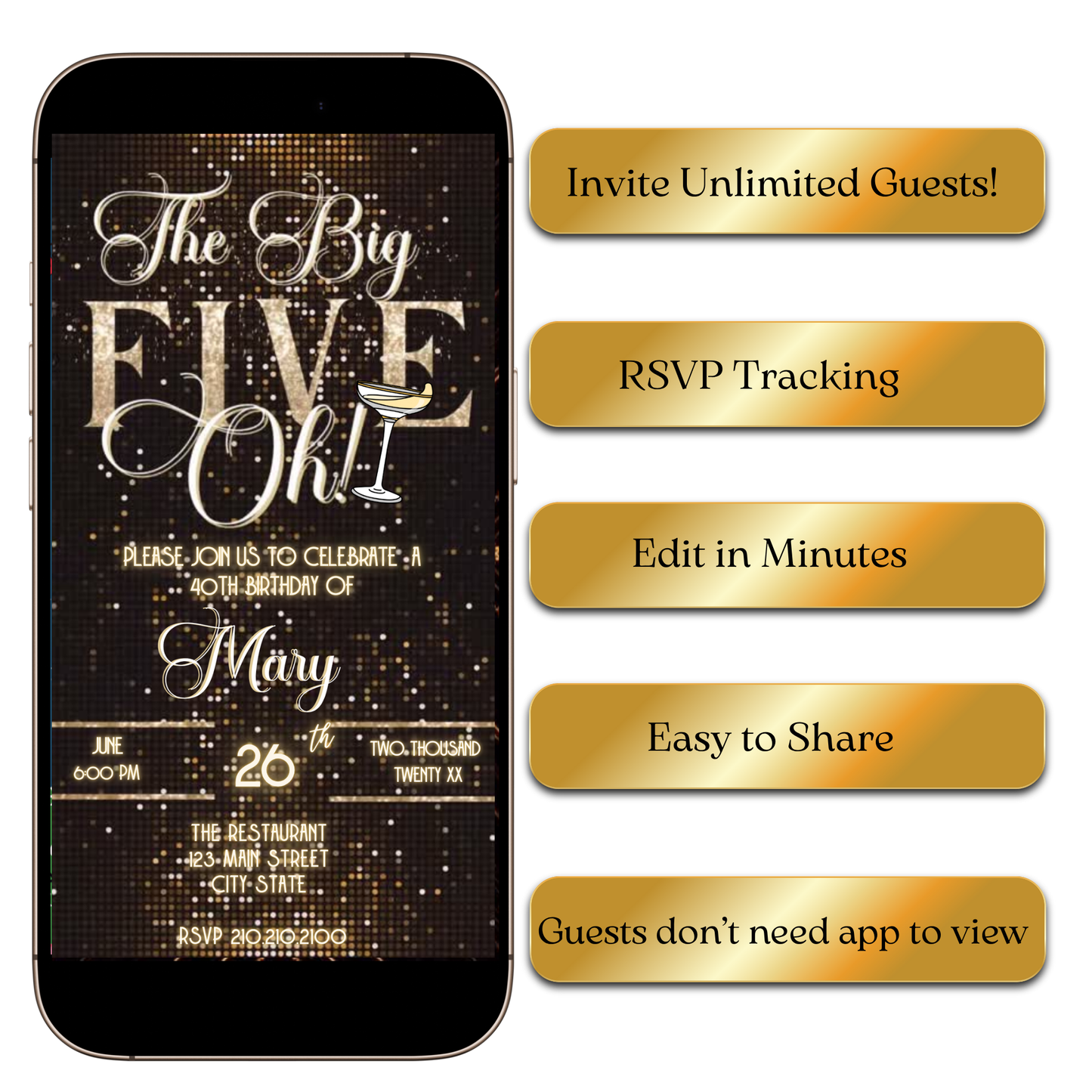 Digital The Big Five-Oh 50th Birthday Glam Video Invitation — Glitter Gold & Black MP4 Invite