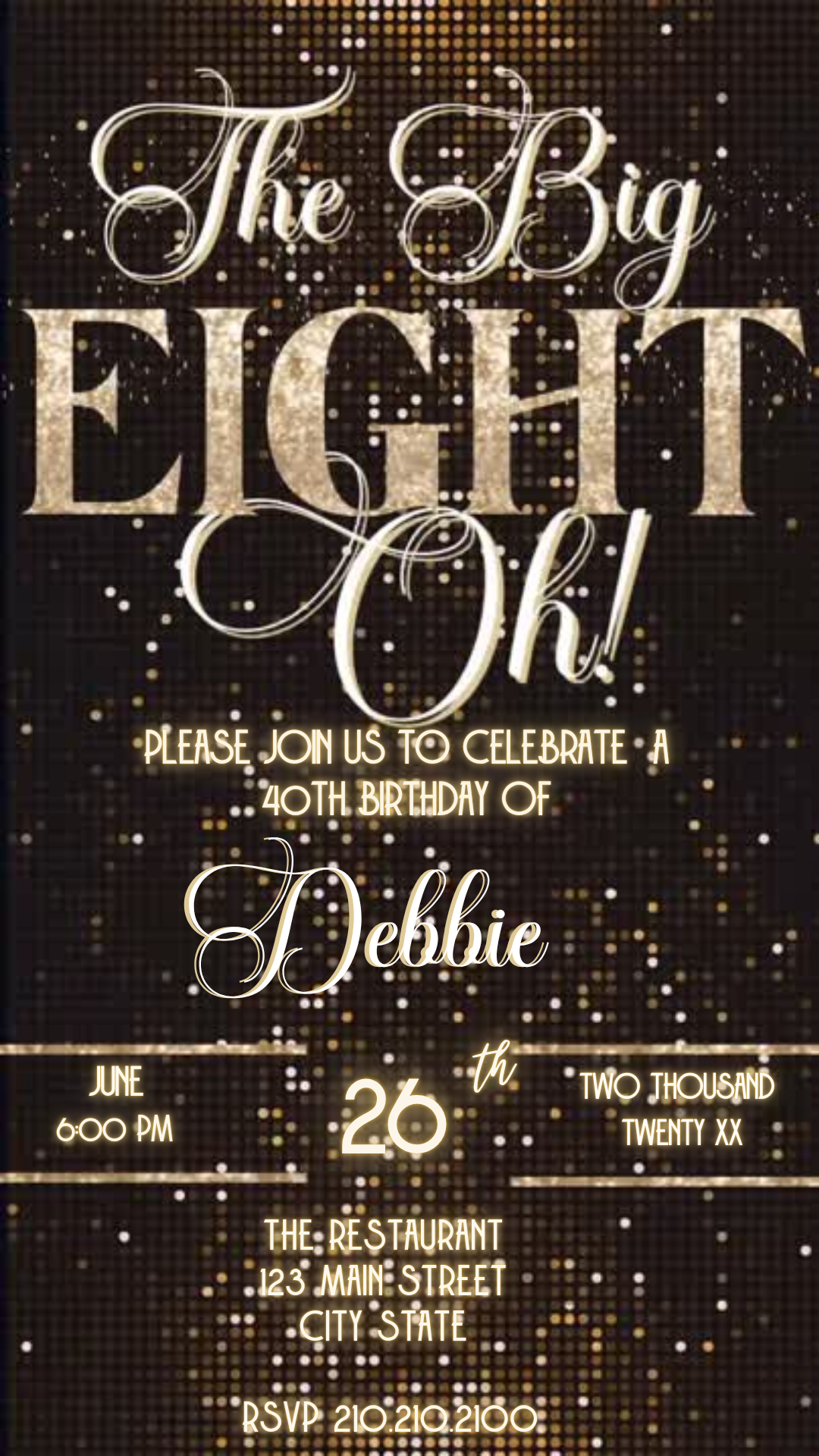 The Big Eight-Oh 80th Birthday Video Invitation — Glam Gold & Black Design Download