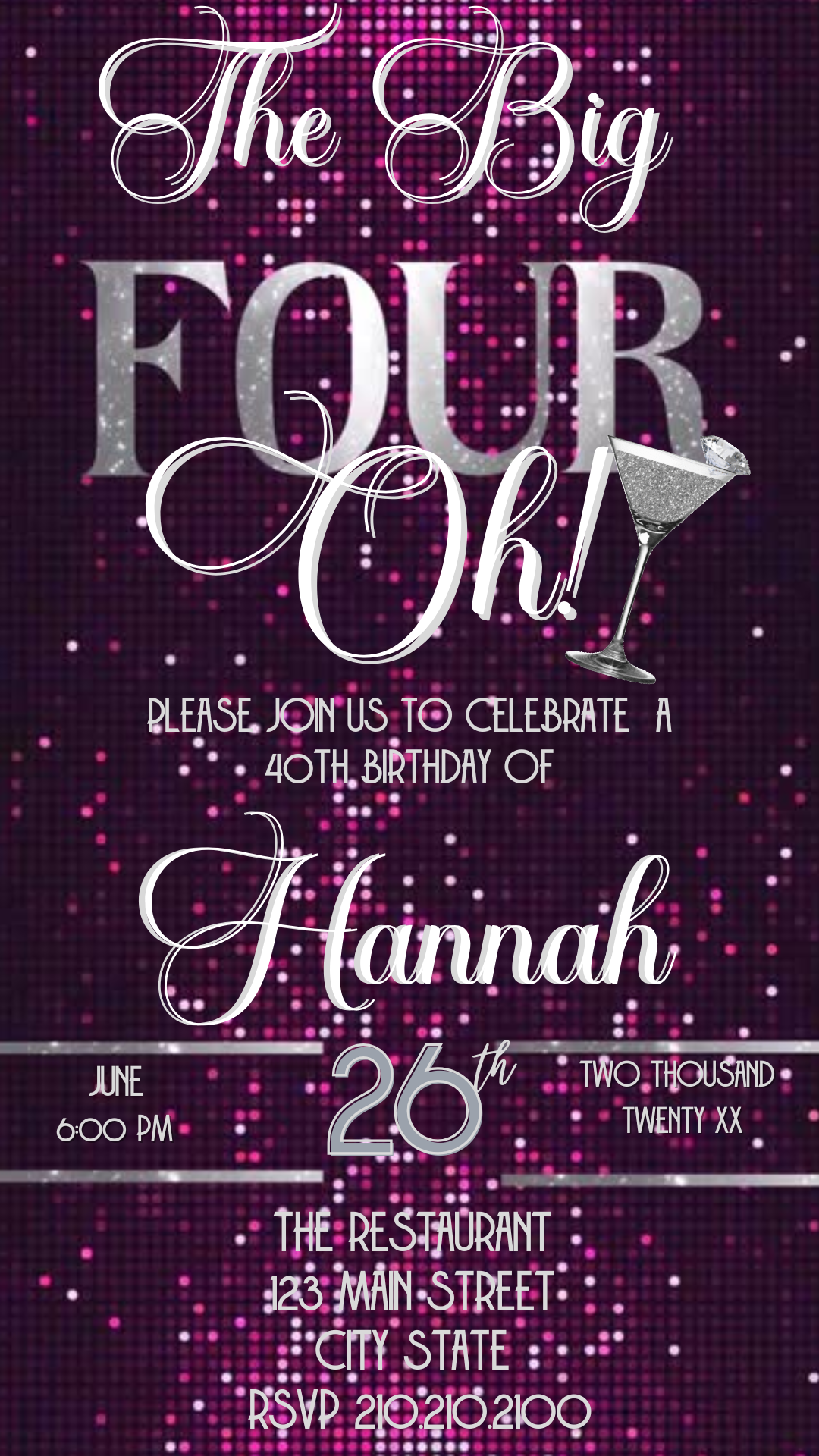 Pink Glam The Big Four-Oh 40th Birthday Video Invitation — Silver Sparkle Theme Download