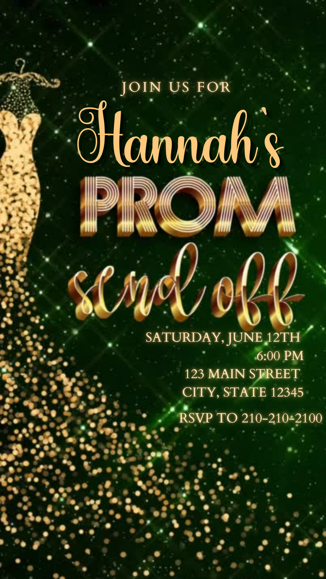 Online editable green sequin prom video party invite