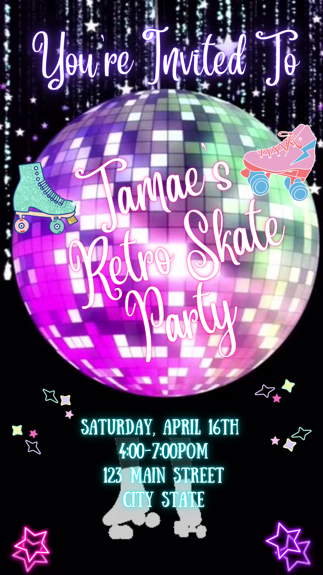 Online editable roller skate disco video party invite