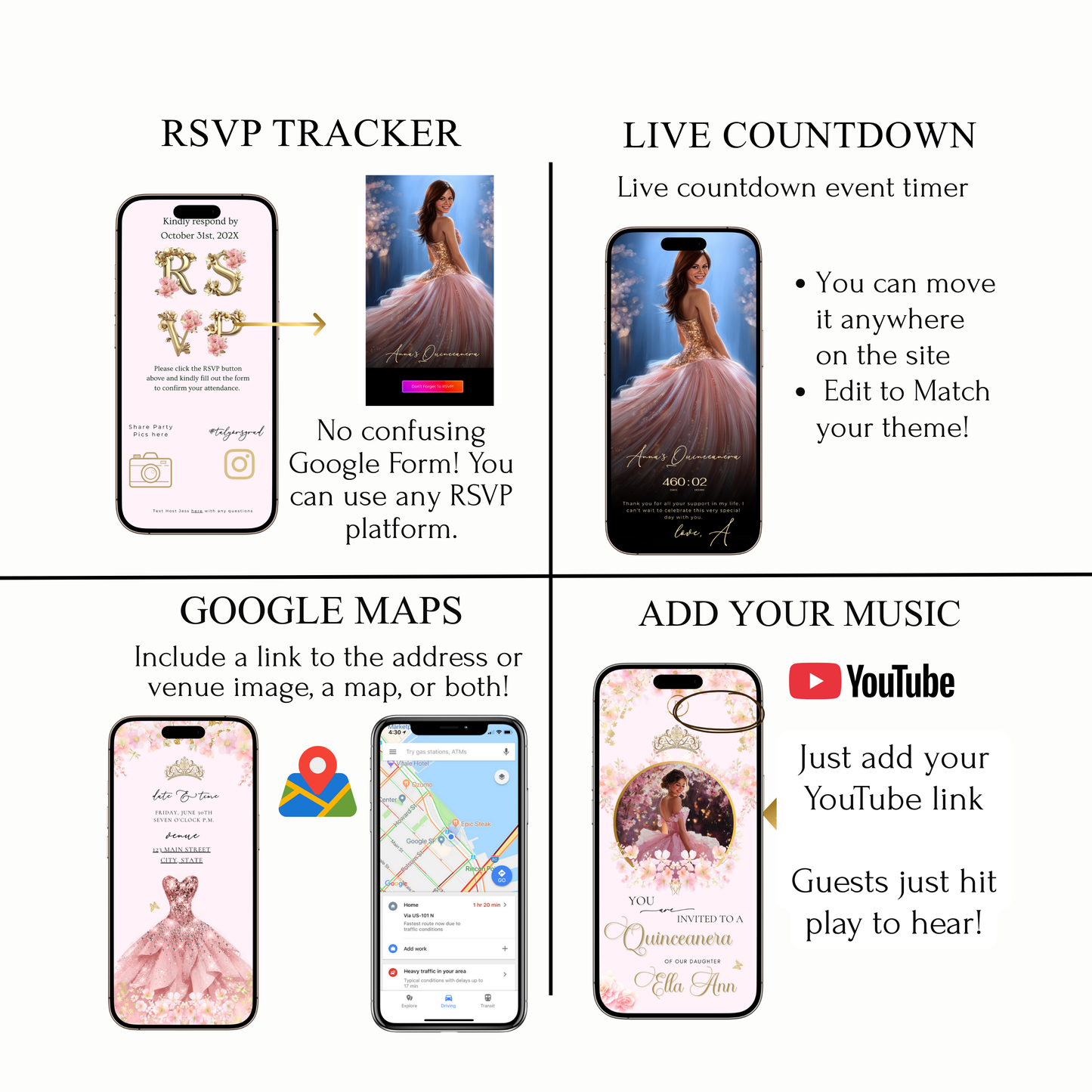 Pink Quinceanera Invitation Website with RSVP | Animated Sweet 15 16 Mobile Interactive Evite with RSVP and Music