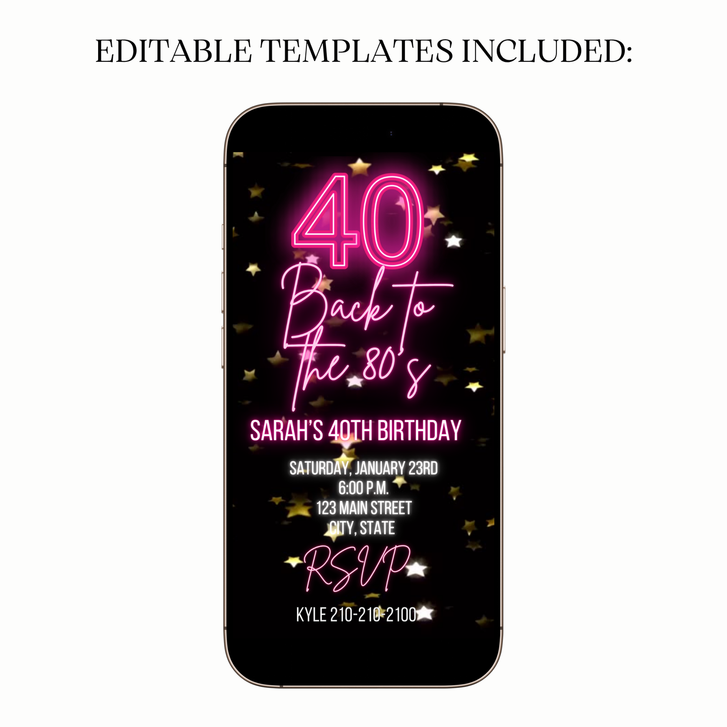 Flat lay with star confetti, candlelight, and phone showing invite