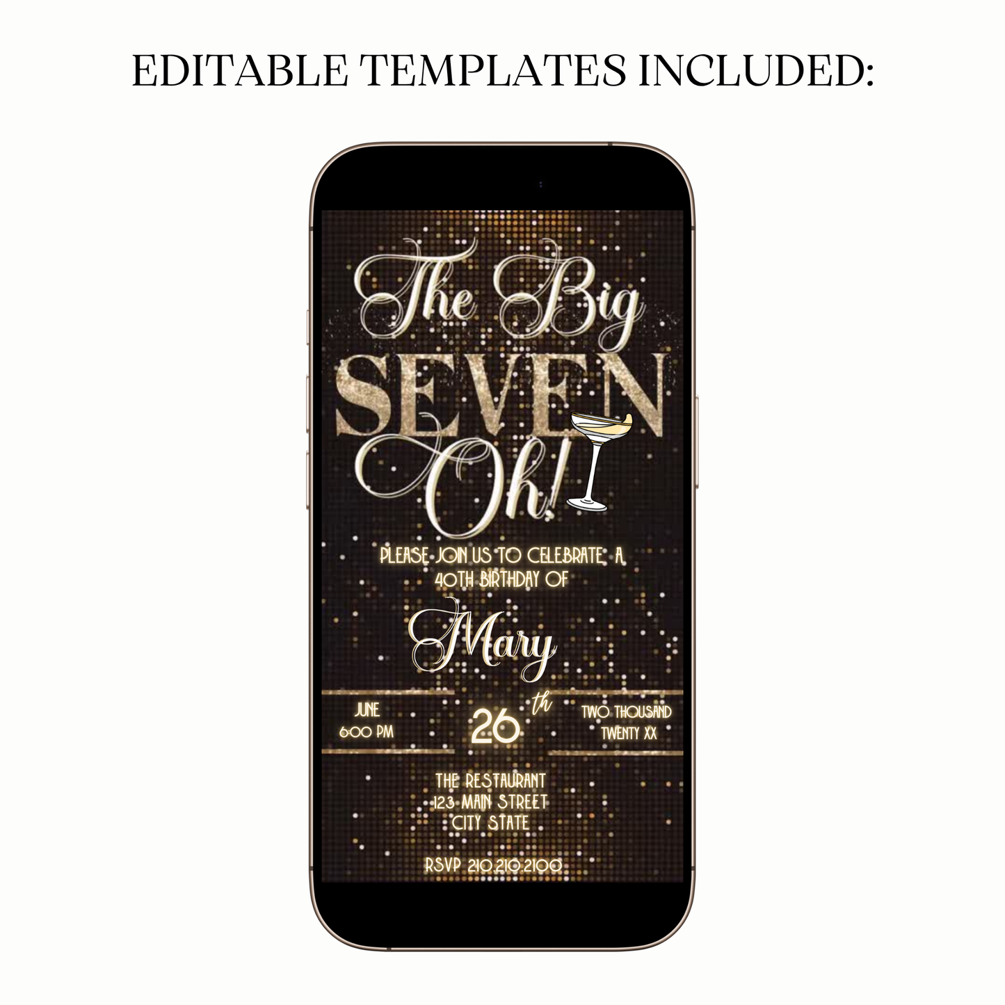 The Big Seven-Oh 70th Birthday Video Invitation — Elegant Gold Glam Design for Mobile Sharing
