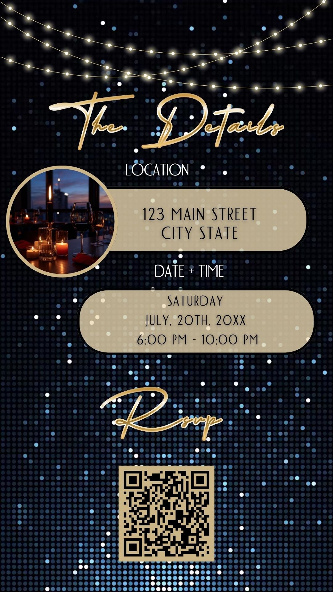 Editable blue sequin 50th birthday video invitation displayed on a mobile phone, featuring an animated vertical digital invite with music, created in Canva. This premium video invitation template is designed for sharing by text, email, and social media and works with an interactive RSVP website for easy guest response tracking.