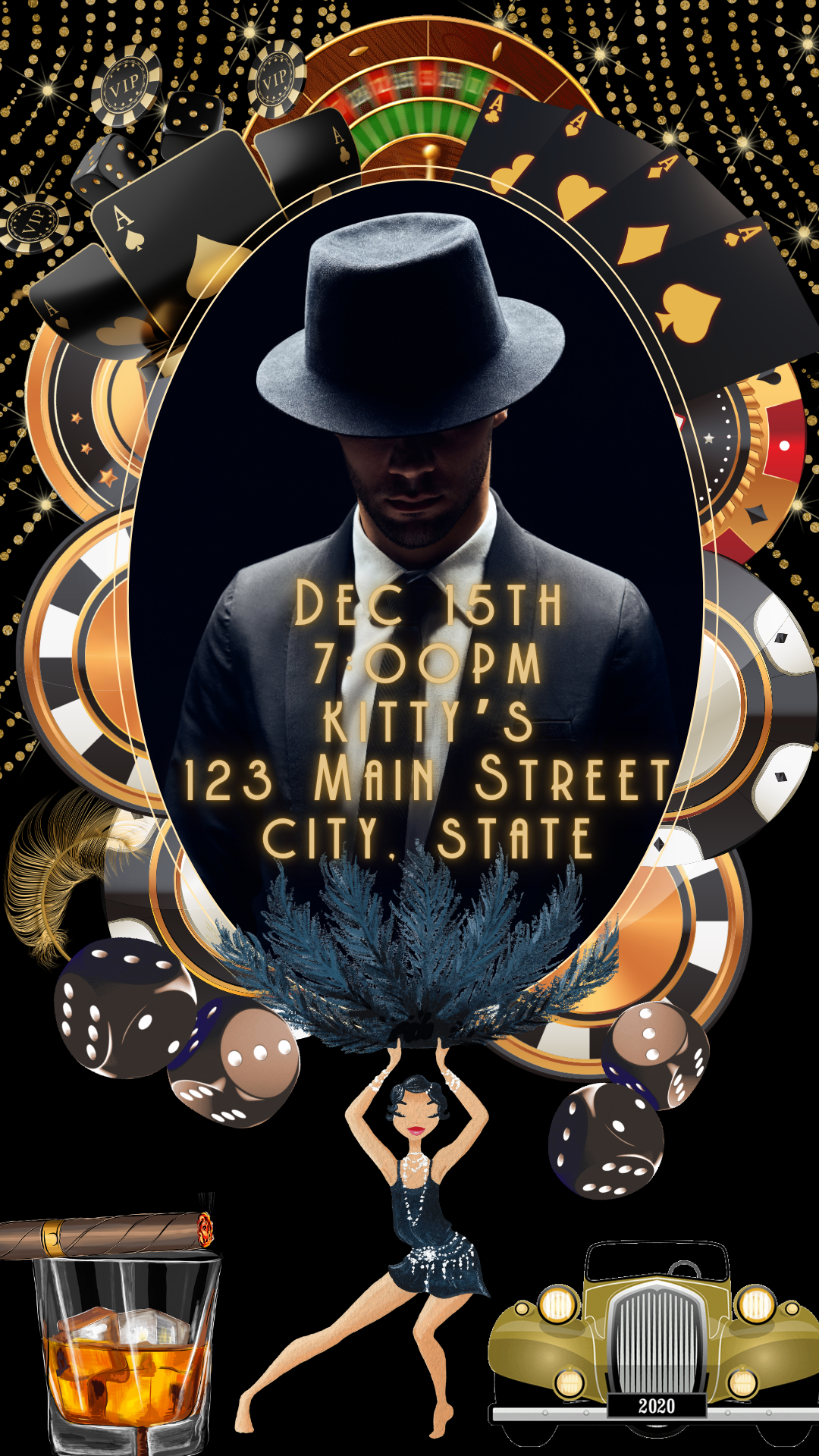 Event details in deco type centered within ornate border
