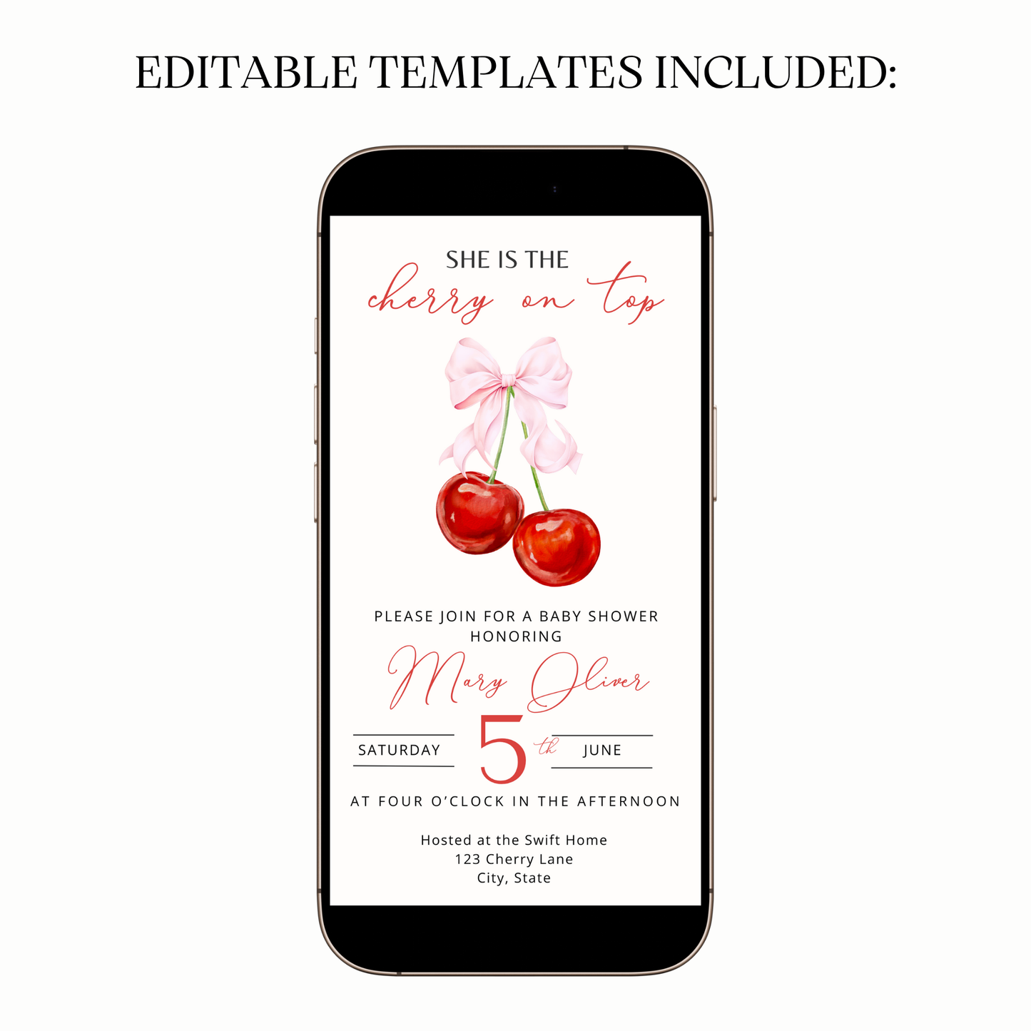 Flat lay with cherries, flowers, and phone showing invite
