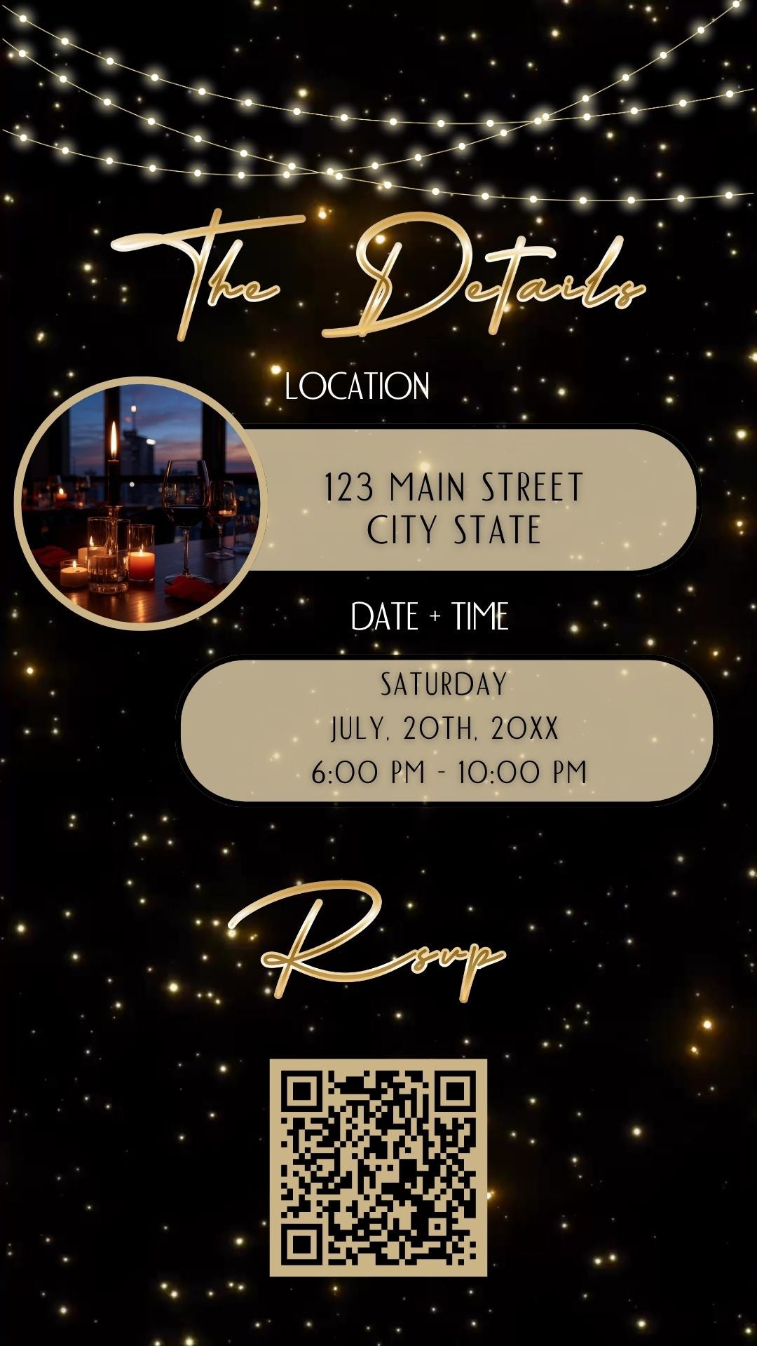 Editable black gold starry 50th birthday video invitation displayed on a mobile phone, featuring an animated vertical digital invite with music, created in Canva. This premium video invitation template is designed for sharing by text, email, and social media and works with an interactive RSVP website for easy guest response tracking.