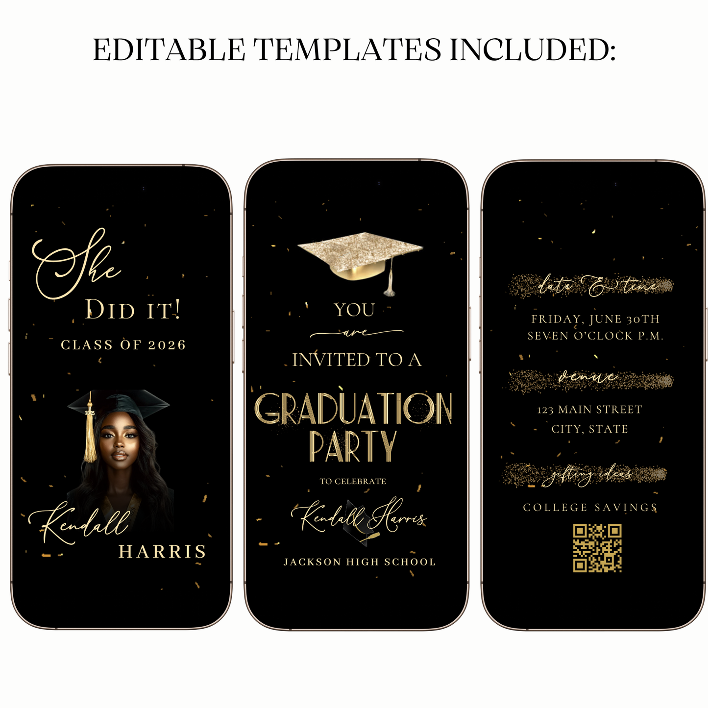 2026 Graduation Video Invitation – Black and Gold Animated Template with Music for Mobile Sharing