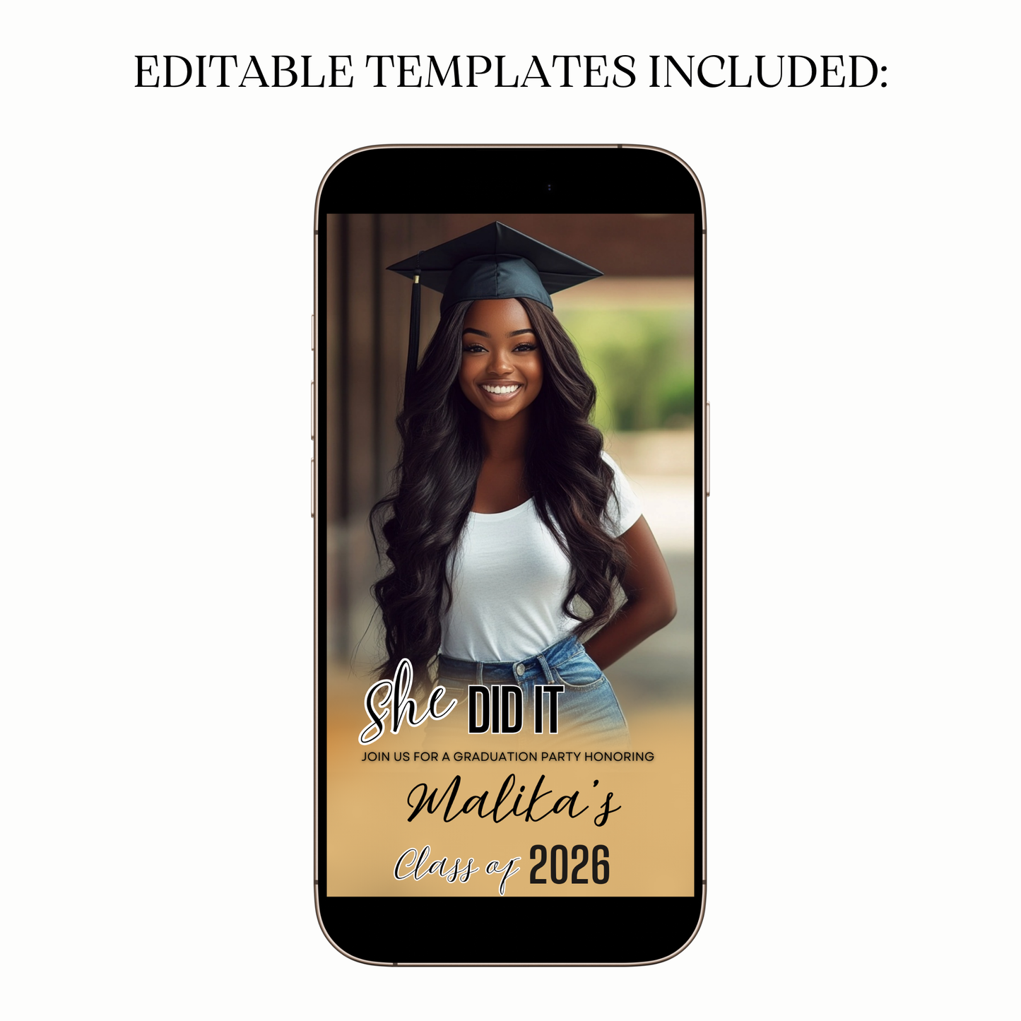 Elegant gold grad party video invitation shared on social media