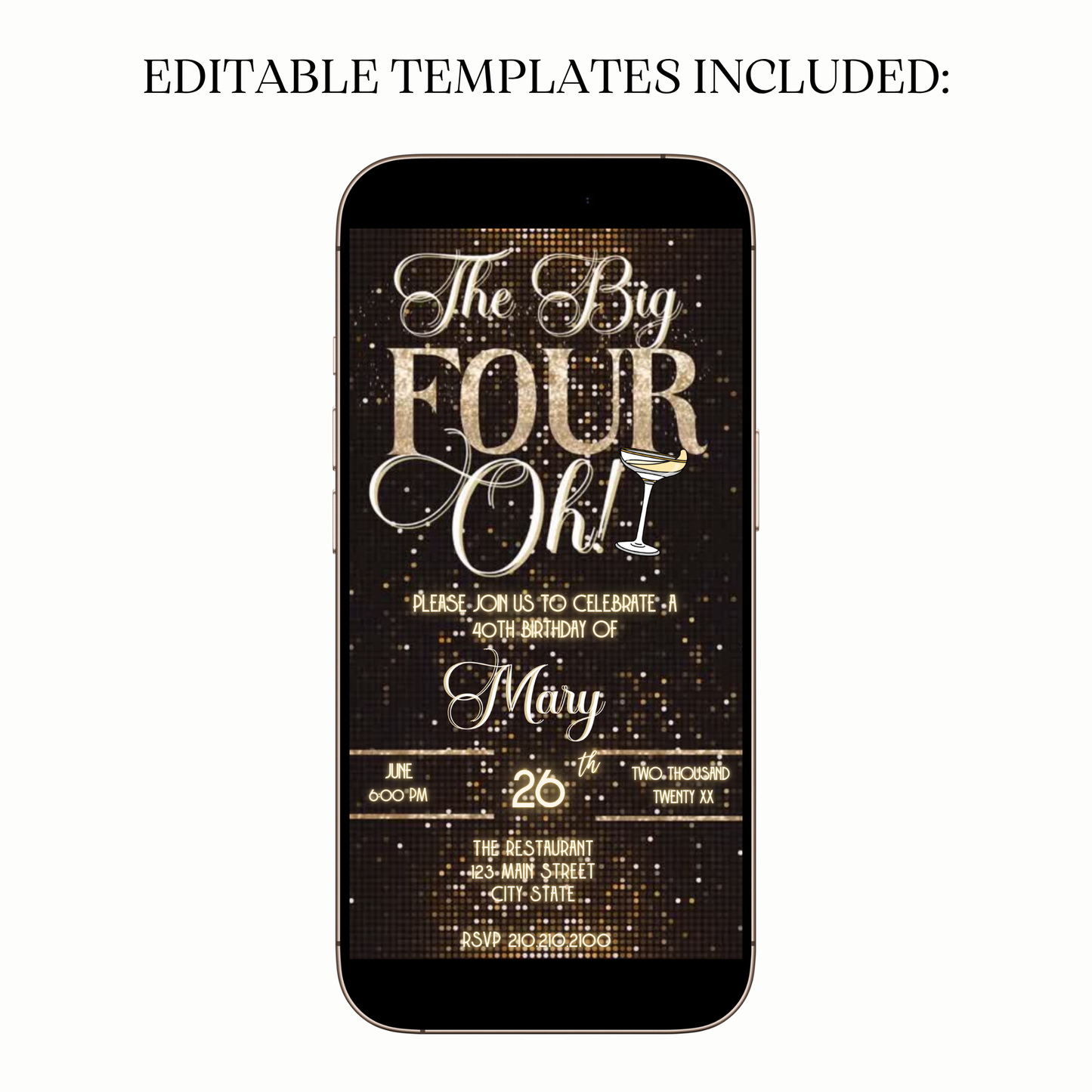The Big Four-Oh 40th Birthday Digital Invitation — Gold Sparkle Party Evite for Mobile Sharing