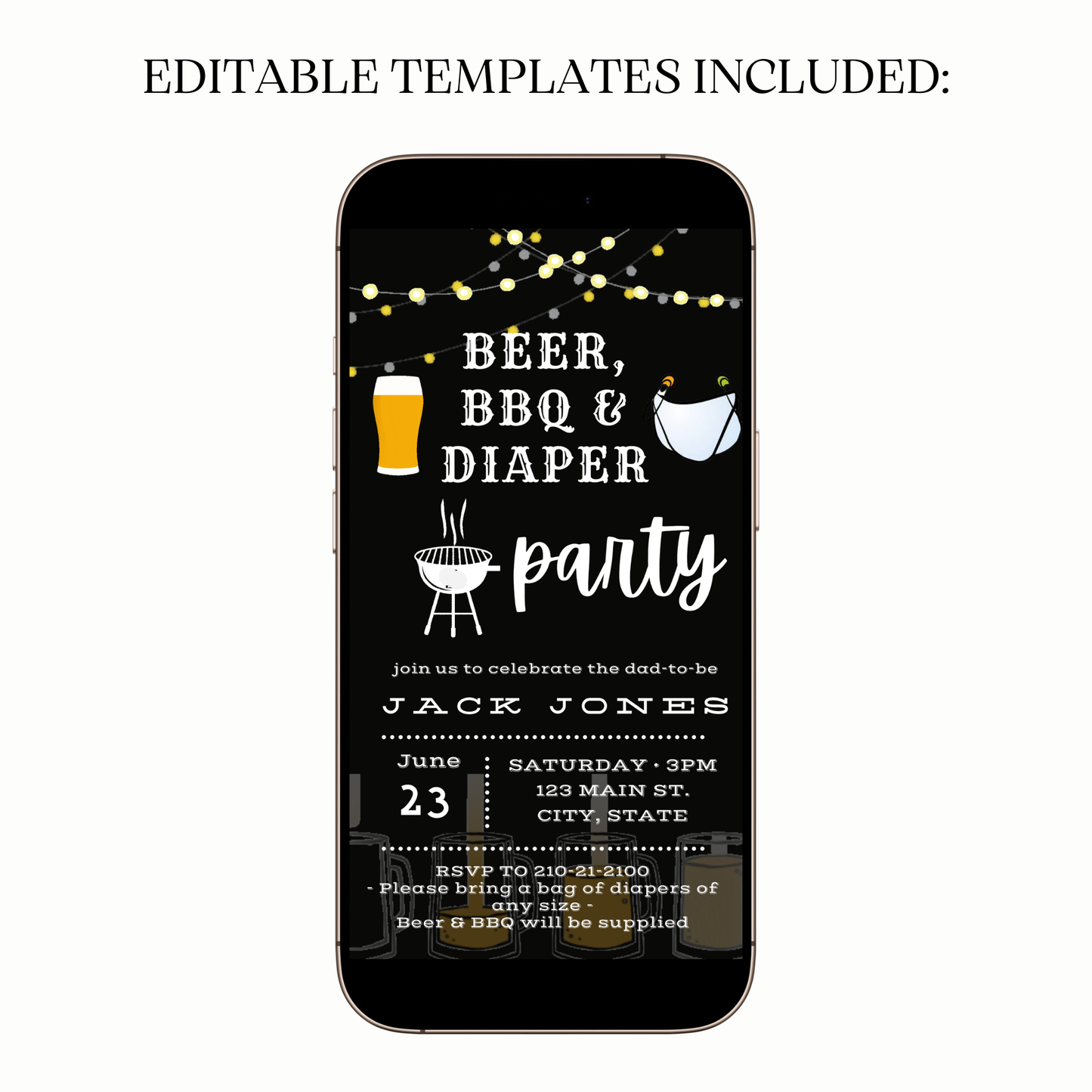 Couples baby shower Beer and Diaper MP4 invite preview on laptop