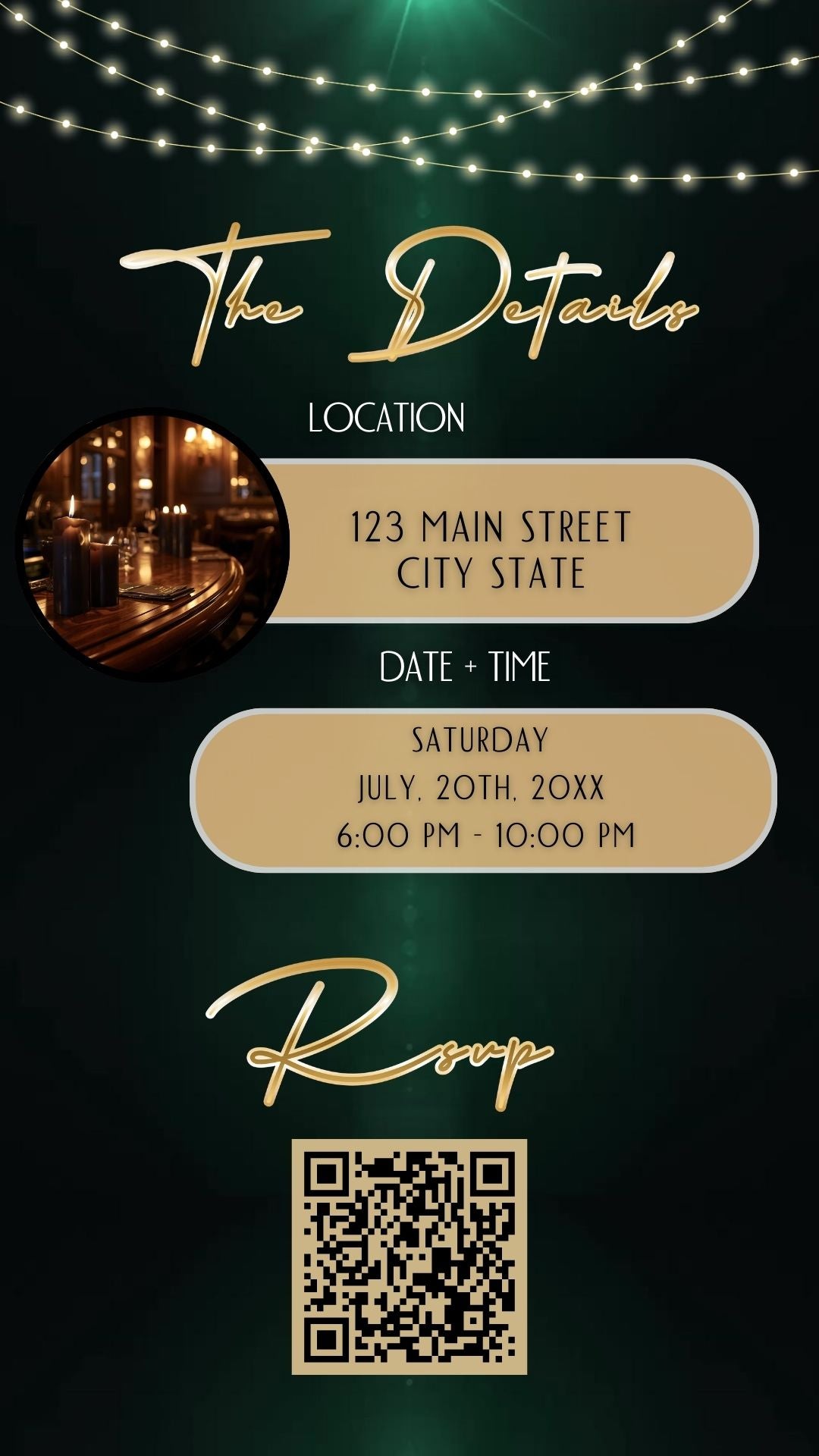 Editable dark emerald gold 60th birthday birthday video invitation displayed on a mobile phone, featuring an animated vertical digital invite with music, created in Canva. This premium video invitation template is designed for sharing by text, email, and social media and works with an interactive RSVP website for easy guest response tracking.
