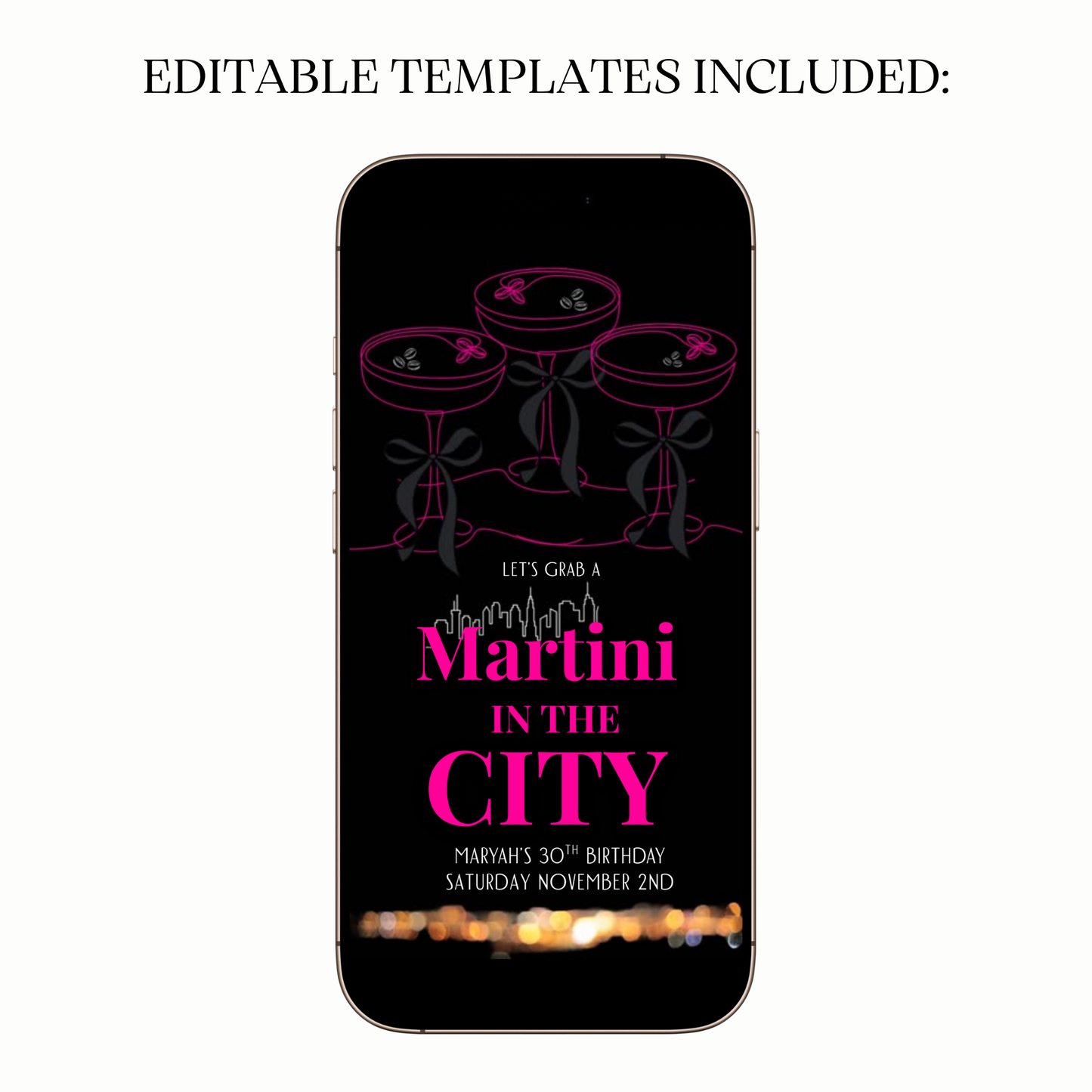 Animated Martini in the City party invitation with elegant accents