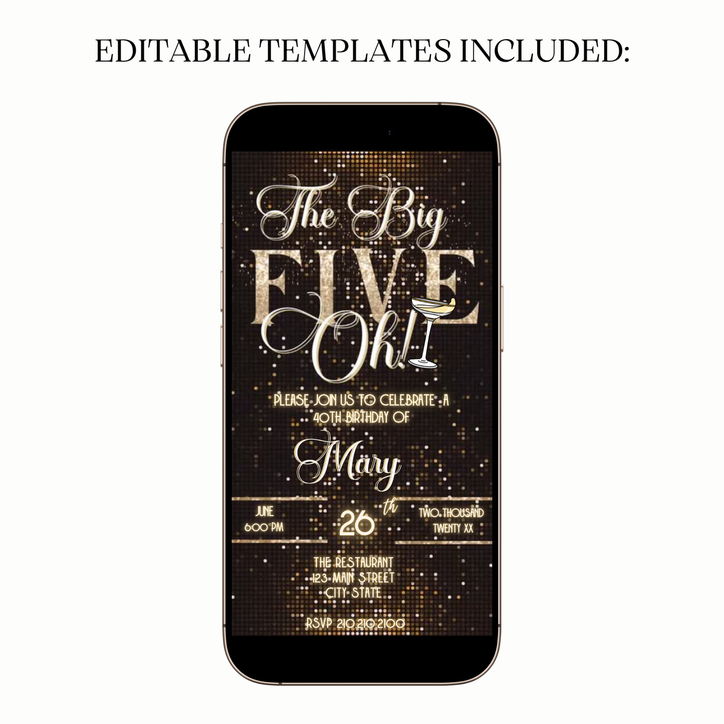 The Big Five-Oh 50th Birthday Glam Video Invitation — Glitter Gold & Black for Mobile Sharing