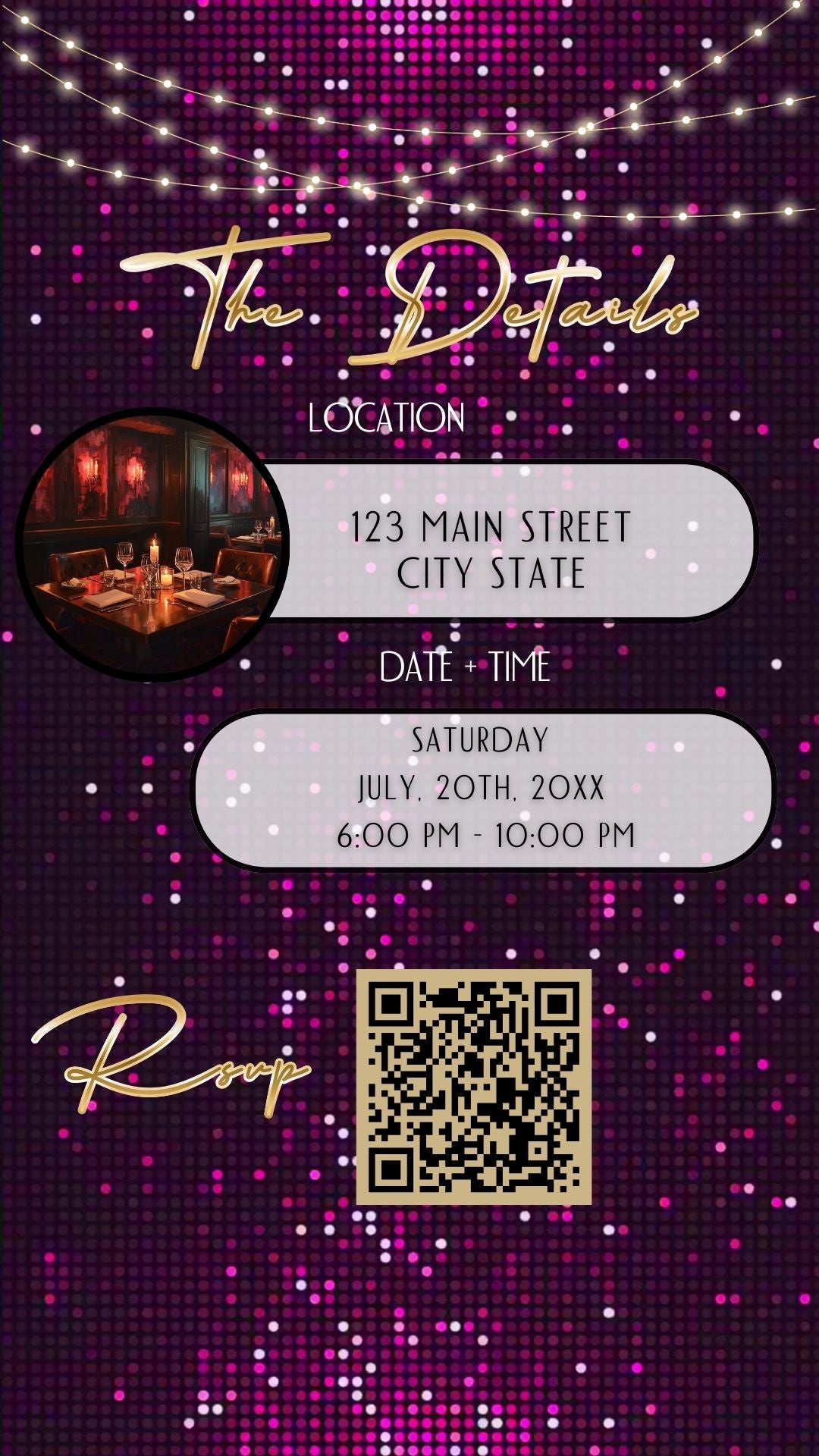 Editable violet gold sequin 60th birthday birthday video invitation displayed on a mobile phone, featuring an animated vertical digital invite with music, created in Canva. This premium video invitation template is designed for sharing by text, email, and social media and works with an interactive RSVP website for easy guest response tracking.