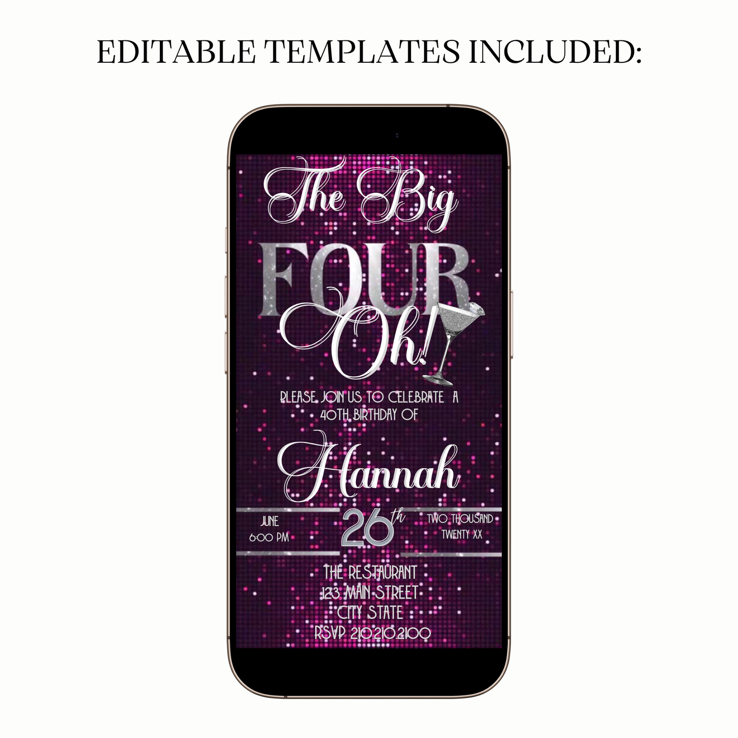 Pink Glam The Big Four-Oh 40th Birthday Video Invitation — Silver Sparkle Theme for Mobile Sharing