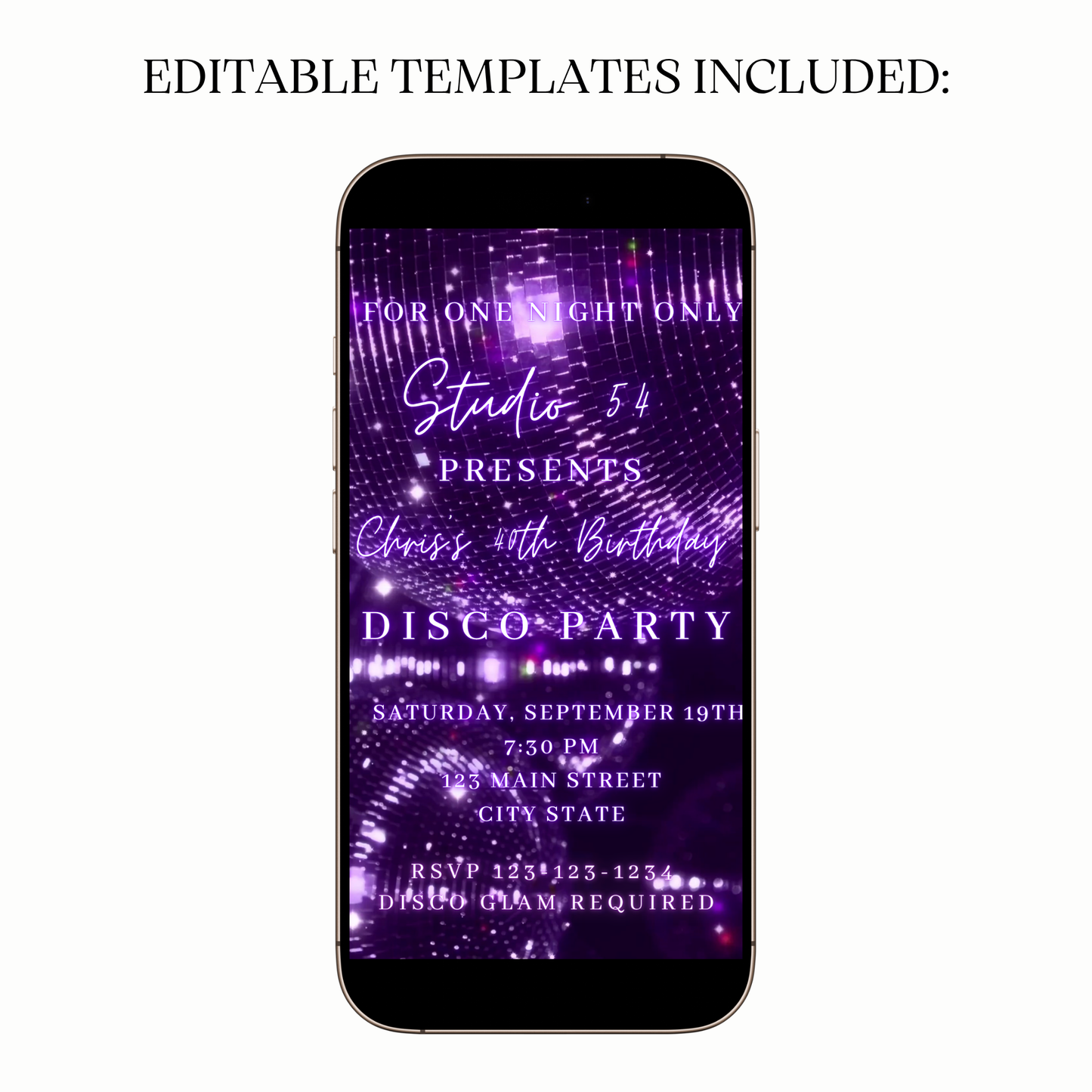 Purple Glitter Disco Ball Video Invitation