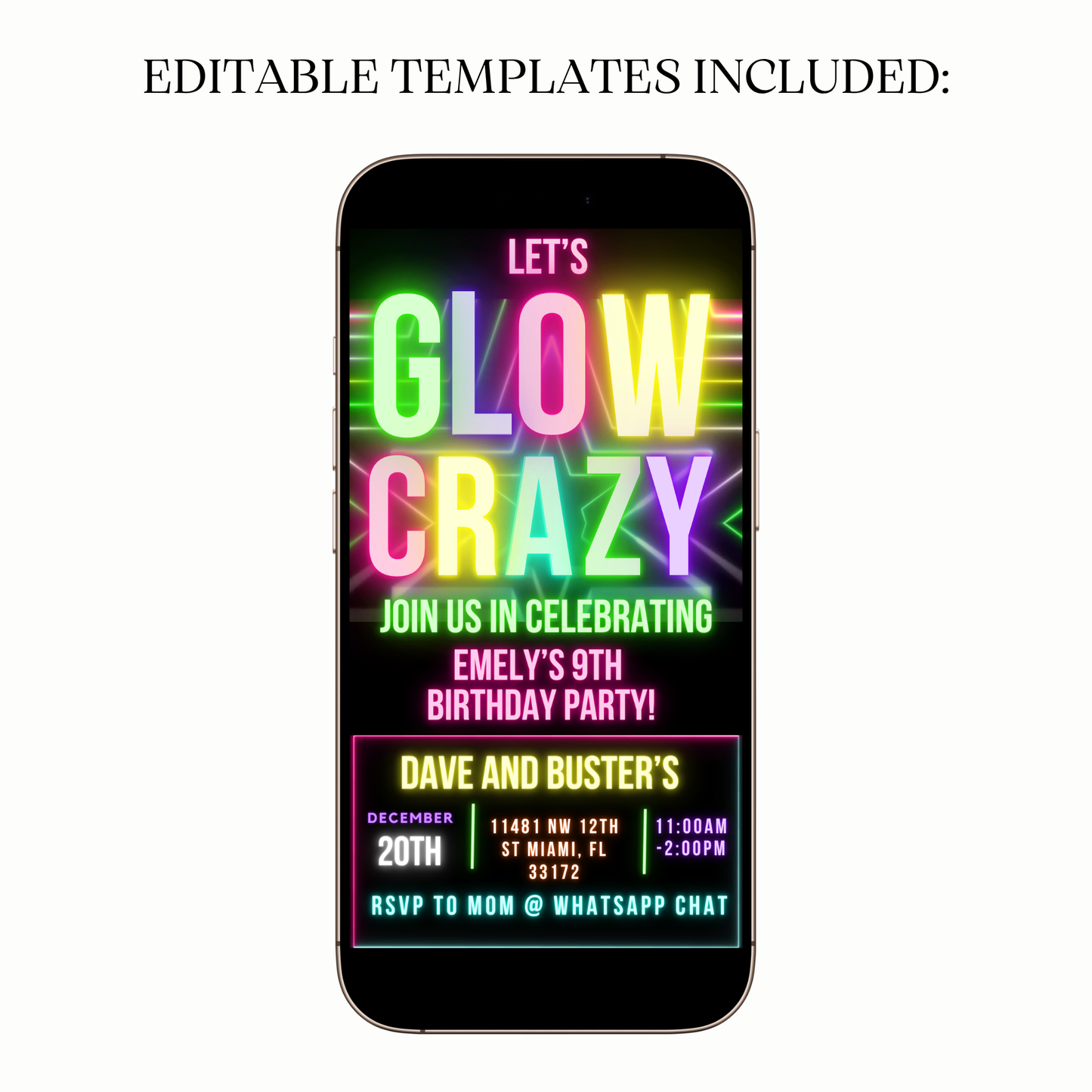 Neon Glow Party Video Invitation for Mobile Sharing