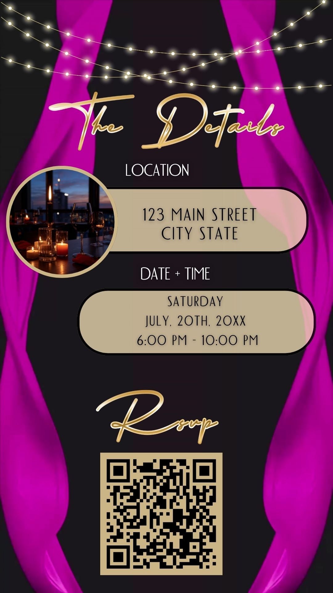 Editable pink curtain 50th birthday video invitation displayed on a mobile phone, featuring an animated vertical digital invite with music, created in Canva. This premium video invitation template is designed for sharing by text, email, and social media and works with an interactive RSVP website for easy guest response tracking.