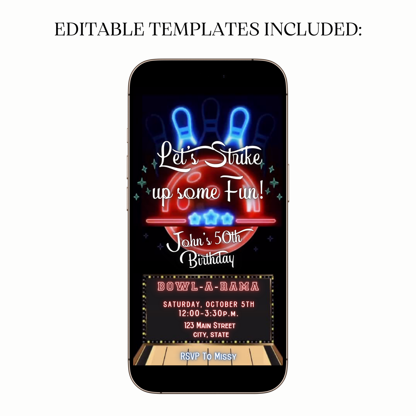 Retro Neon Bowling Video Invitation for Mobile Sharing