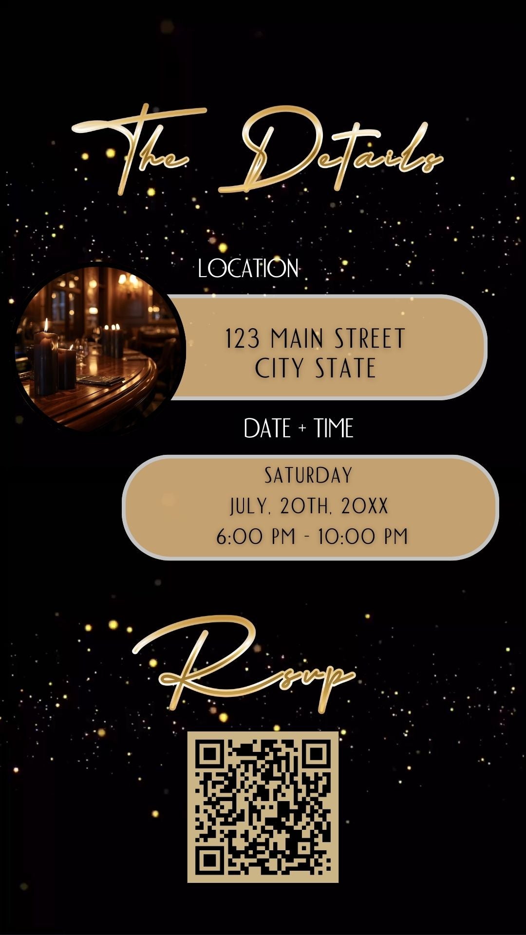 Editable black gold shimmer 50th birthday video invitation displayed on a mobile phone, featuring an animated vertical digital invite with music, created in Canva. This premium video invitation template is designed for sharing by text, email, and social media and works with an interactive RSVP website for easy guest response tracking.