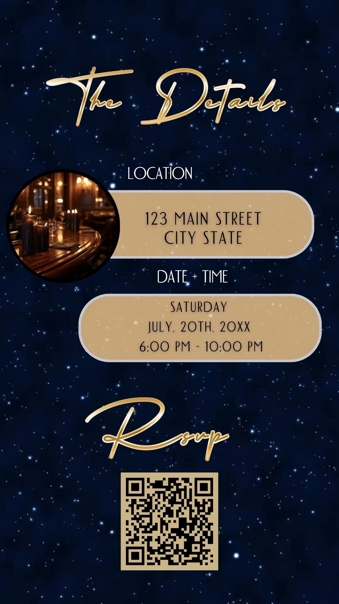 Editable blue shimmer 50th birthday video invitation displayed on a mobile phone, featuring an animated vertical digital invite with music, created in Canva. This premium video invitation template is designed for sharing by text, email, and social media and works with an interactive RSVP website for easy guest response tracking.