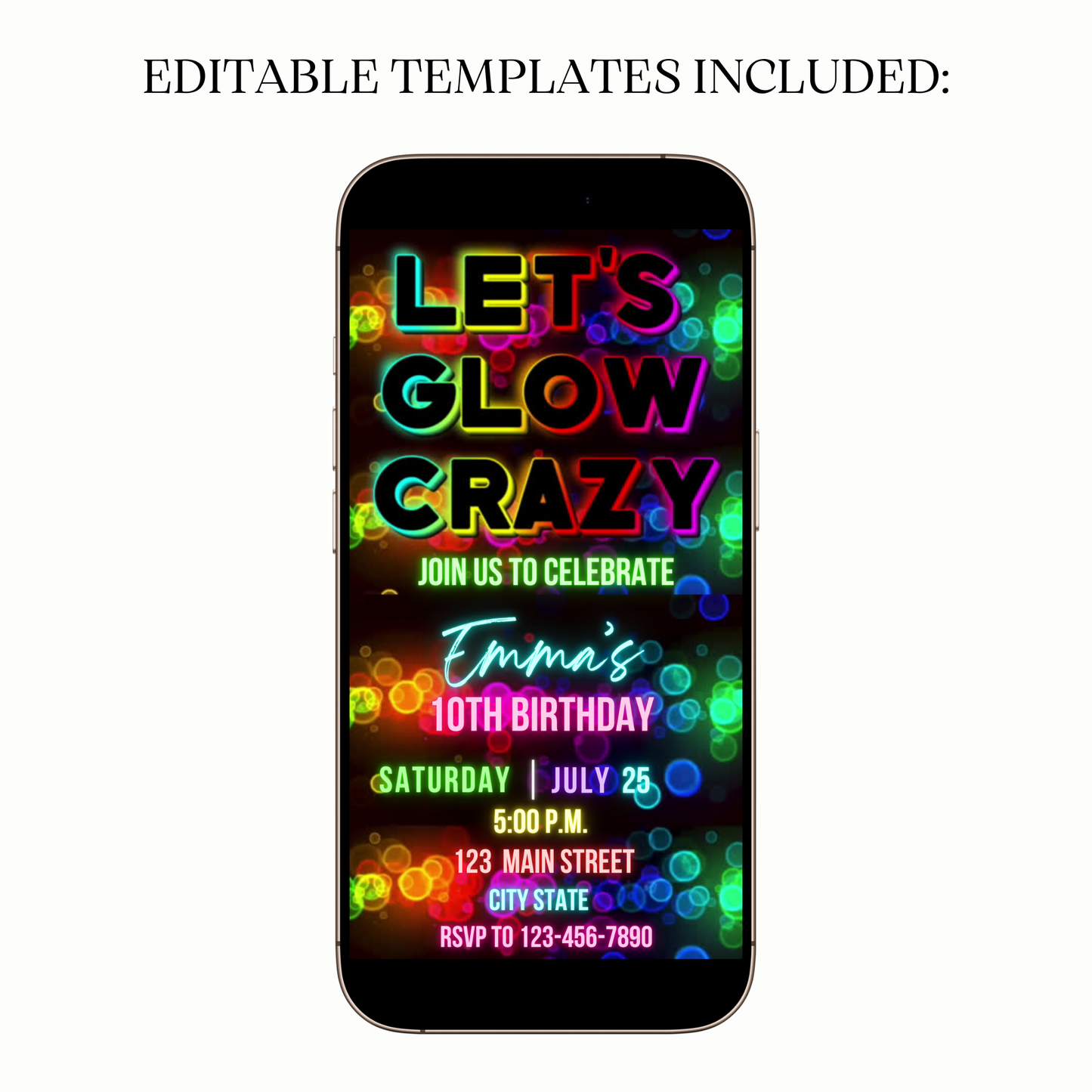 Flat lay with glow sticks, neon glasses, and phone showing invite