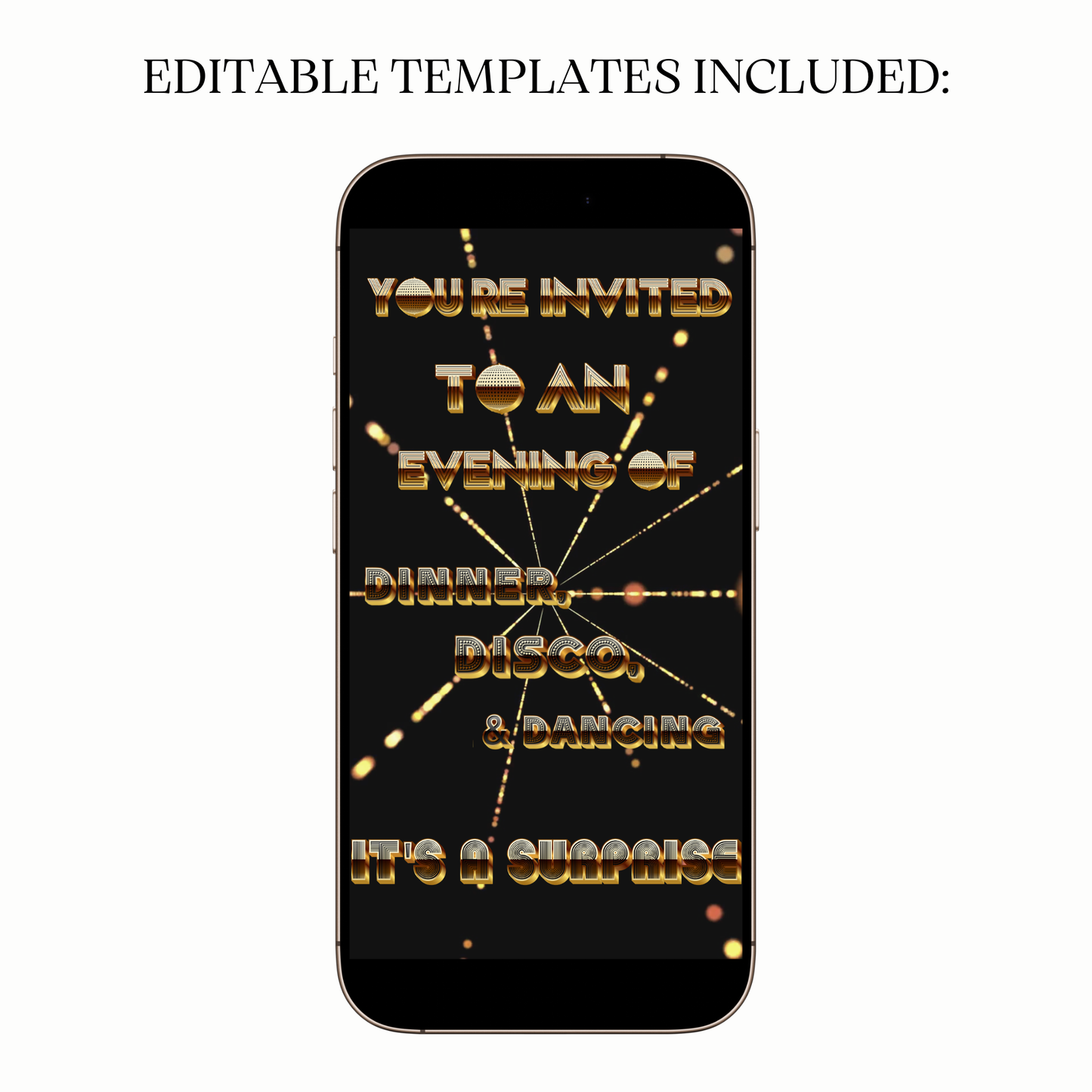 Vertical disco video invitation with shimmering gold design