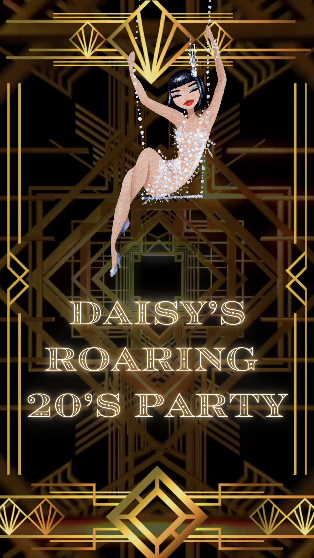 Name and event details in deco type with shimmering line accents