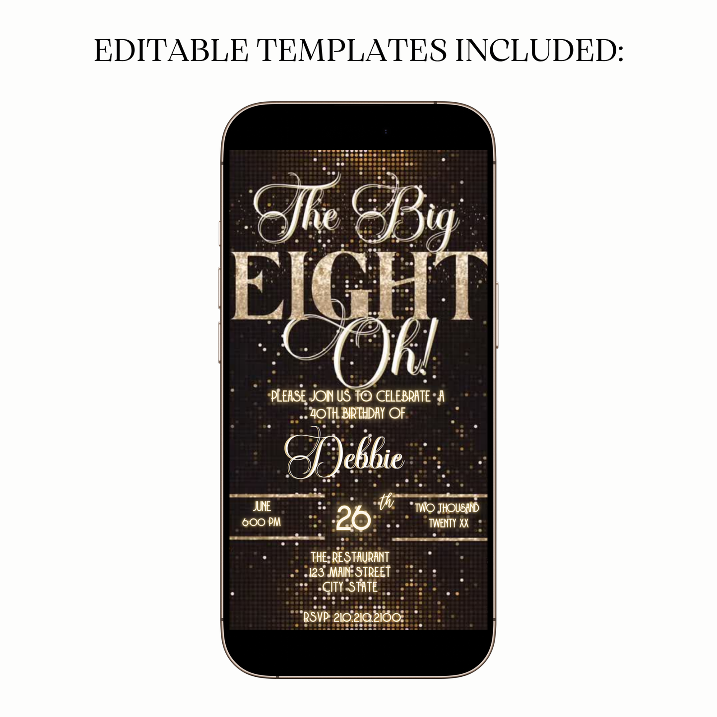 The Big Eight-Oh 80th Birthday Video Invitation — Glam Gold & Black Design for Mobile Sharing