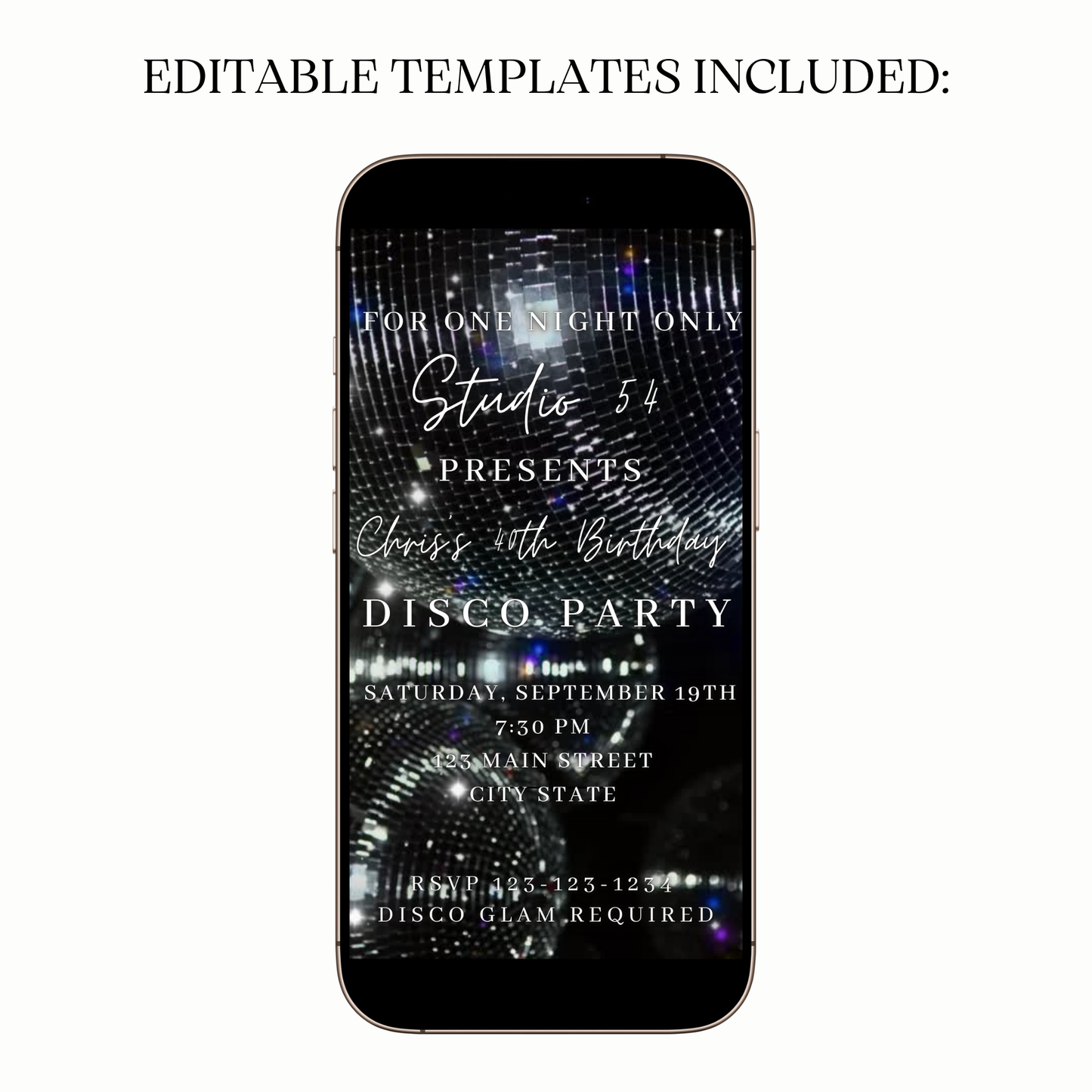 Silver Disco Balls celebration invite shared on WhatsApp