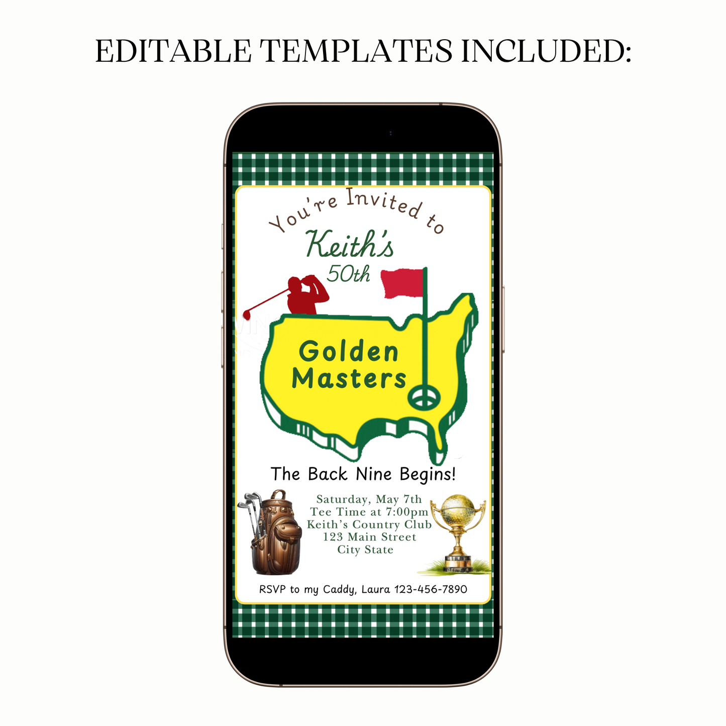 Event details screen over Augusta-green background with gold trim