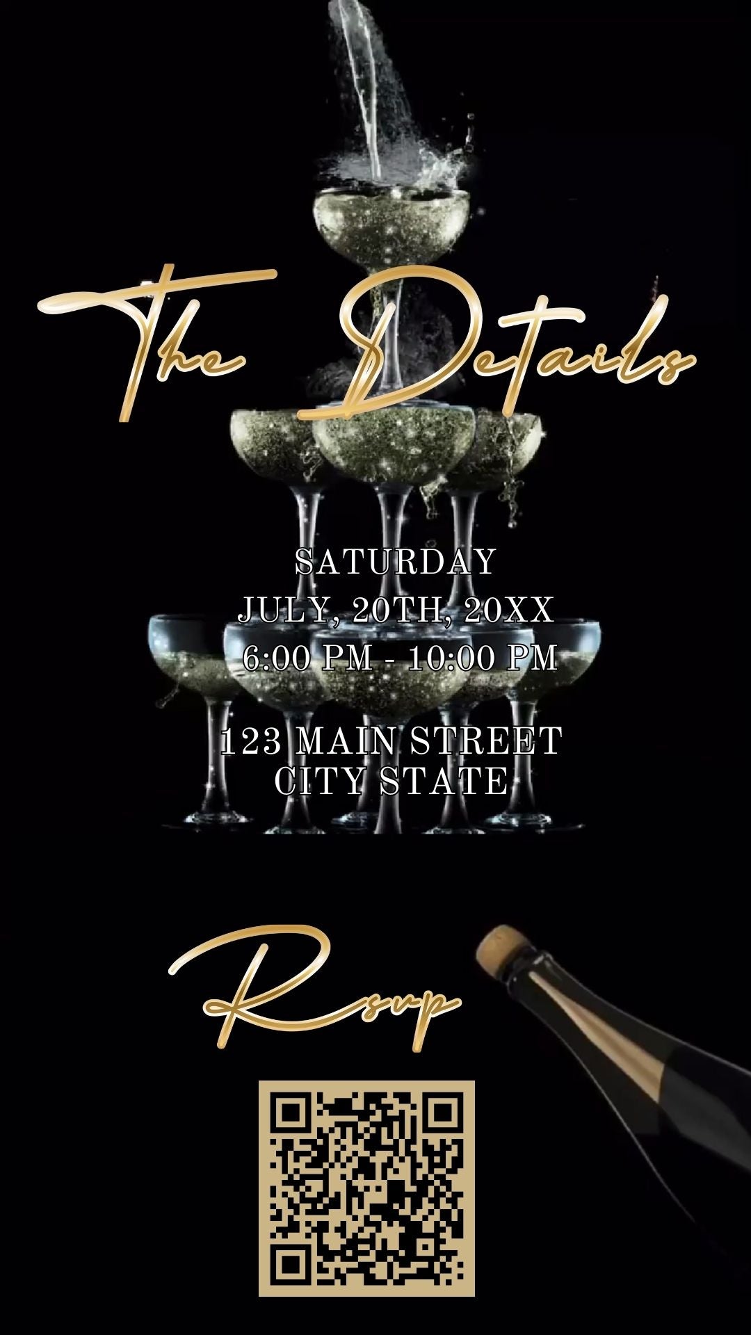 Editable black gold elegant 60th birthday birthday video invitation displayed on a mobile phone, featuring an animated vertical digital invite with music, created in Canva. This premium video invitation template is designed for sharing by text, email, and social media and works with an interactive RSVP website for easy guest response tracking.