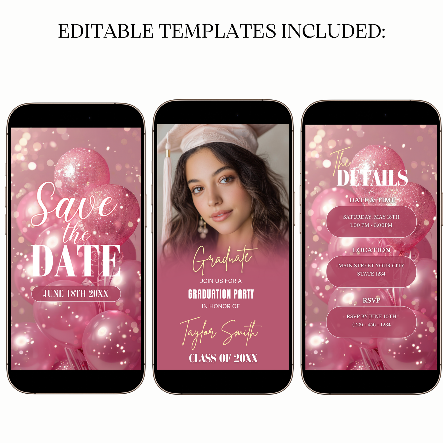 Pink Sparkle Graduation Save The Date Video Invitation for Mobile Sharing