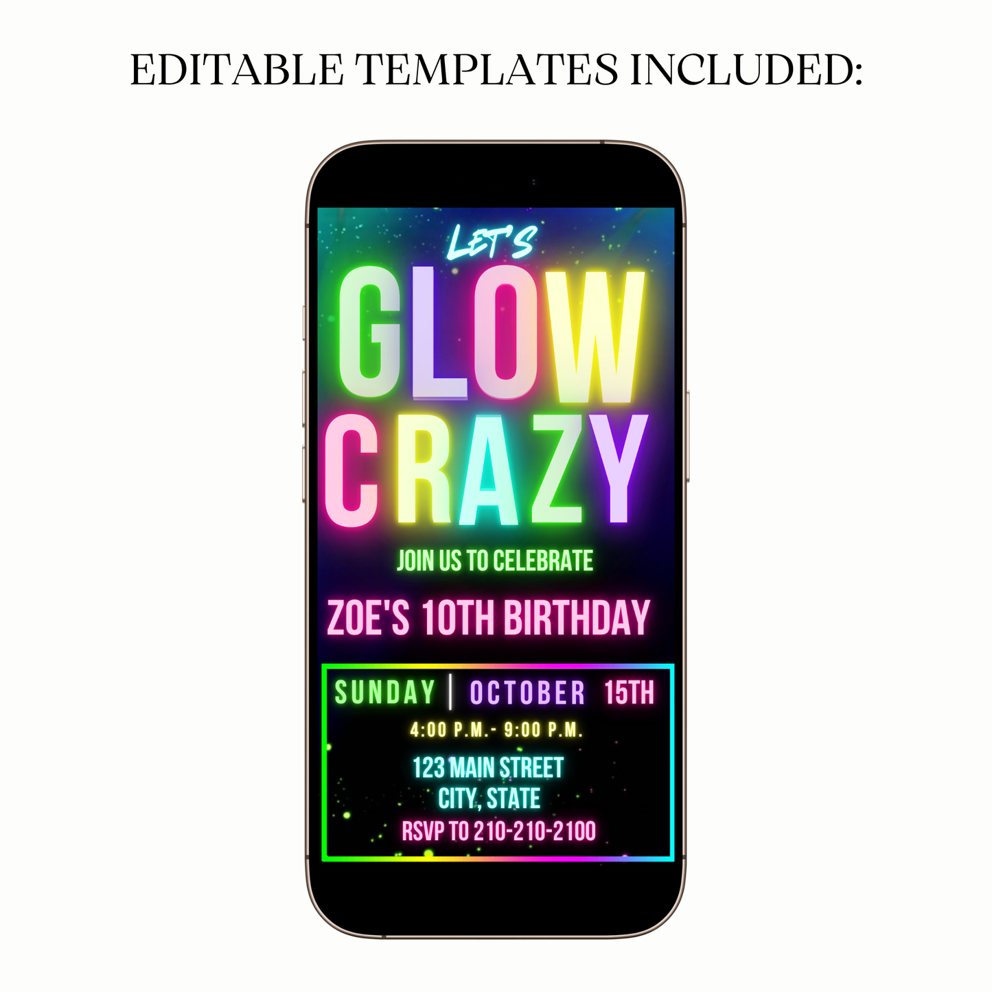 Flat lay with glow sticks, neon confetti, and phone showing invite